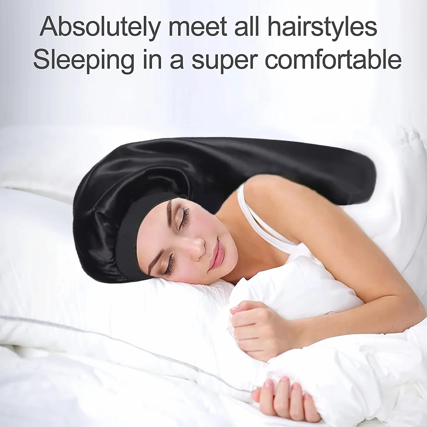 Long Bonnet en Satin pour Dormir avec Bandeau élastique en Soie