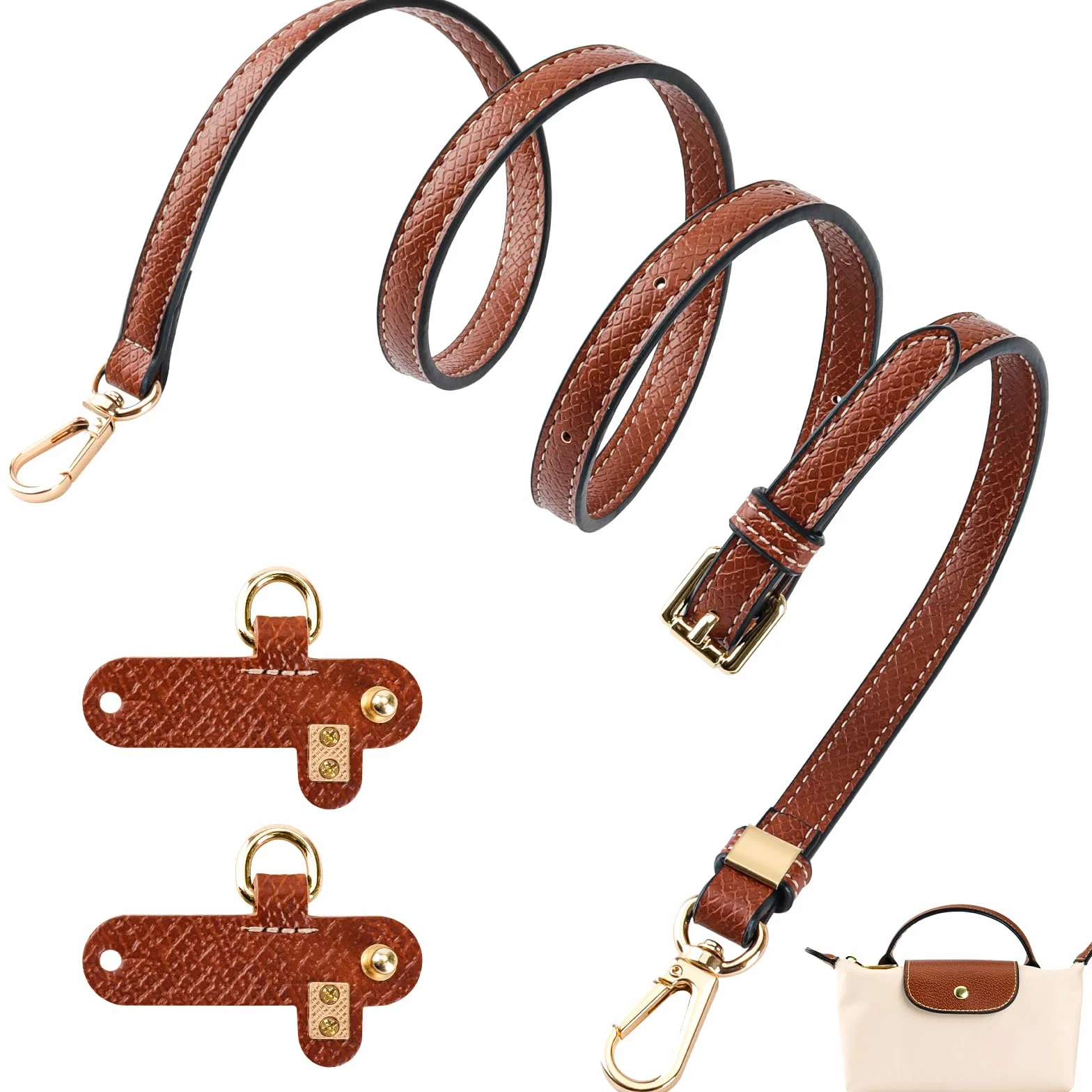 Bandoulière Réglable pour Sac Longchamp Mini, Marron, Sangle à Boucle Sans Perforation avec 2 Adaptateurs