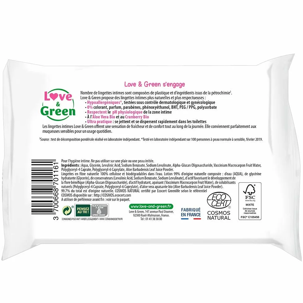Love & Green Lingettes Intimes APAISANTES écologiques 20 pièces - Certifié Cosmo Natural ECOCERT FSC