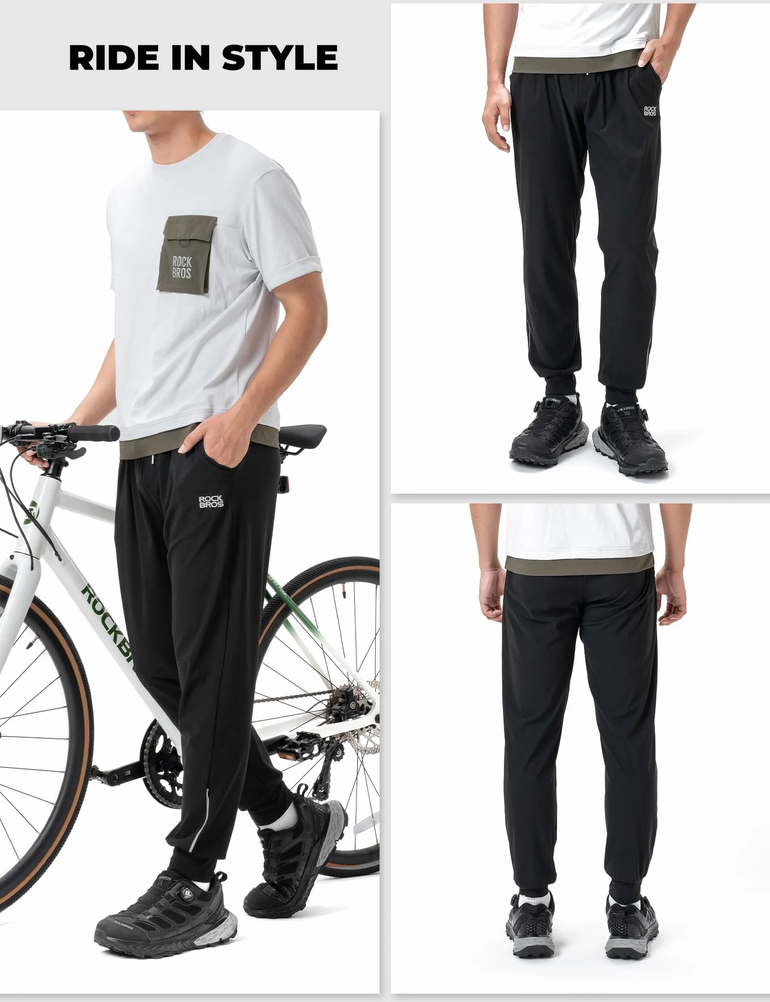 ROCKBROS Pantalon Long Homme Léger Respirant Séchage Rapide Déperlant Cyclisme Course Randonnée Noir