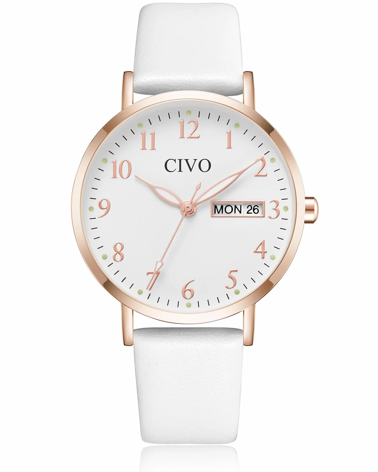 CIVO Montre Femme Analogique 35mm Cadran Clair Grands Chiffres Aiguilles Lumineuses Date Jour Bracelet Cuir