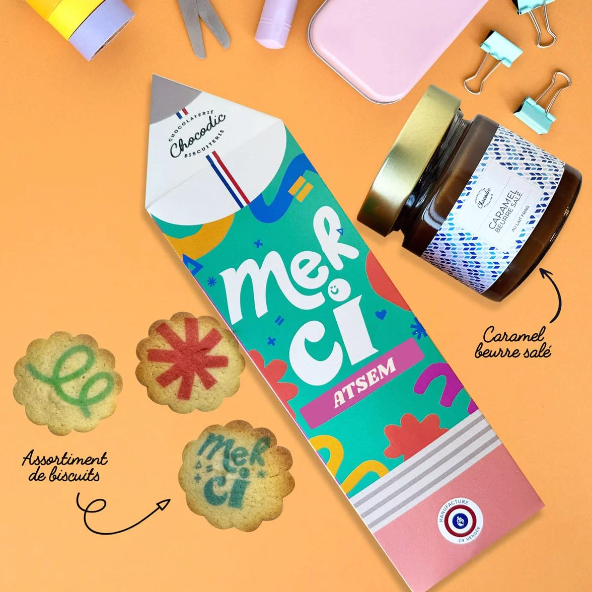 Coffret gourmand caramel et galettes au beurre personnalisées Chocolat Merci Maîtresse/Merci Maître/Merci Atsem (Version Merci Atsem)