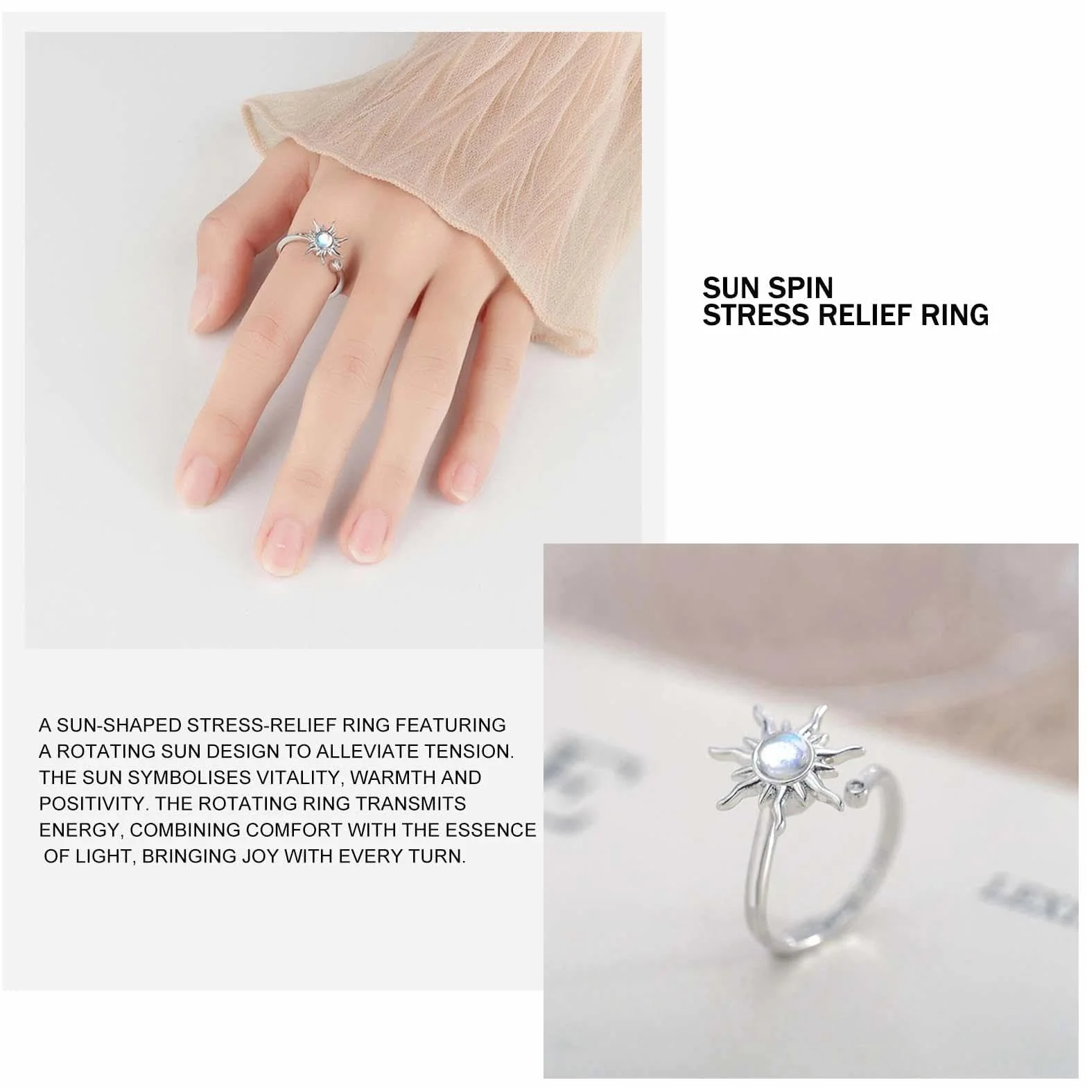 Anneaux de décompression 3 Pcs Bague Anti Stress Femme Argent Ajustables Rotatives Étoile Lune Soleil