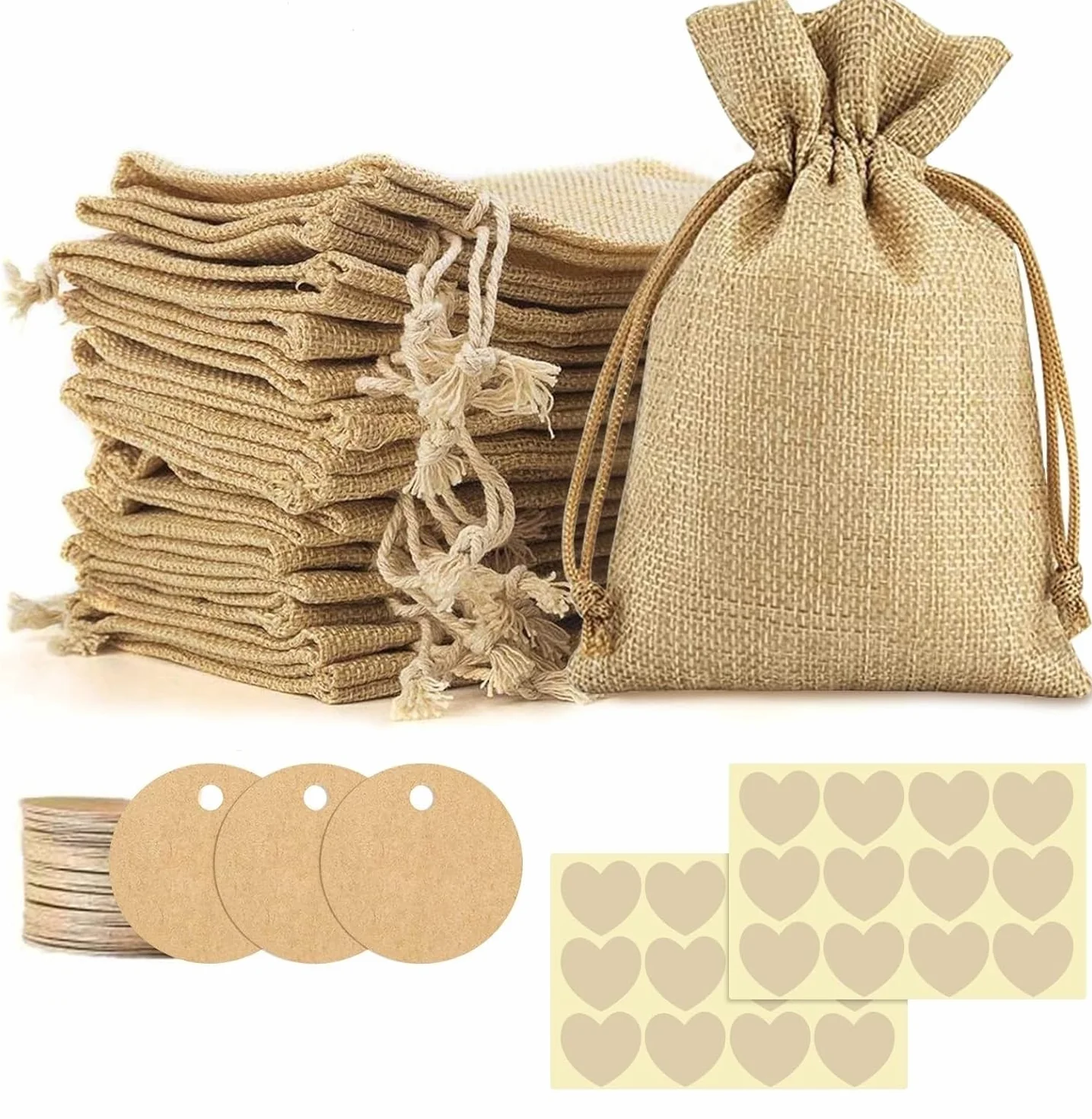 Sachets en Jute 24 Pcs Sacs Cadeau avec Cordon Réutilisables Pochette Tissu Lin Autocollants Cœur Étiquettes