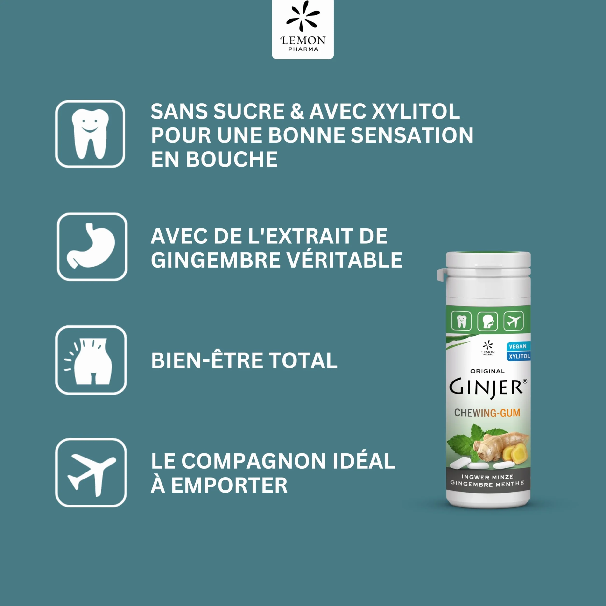 Chewing-gums au gingembre menthe et xylitol Ginjer® Lemon Pharma – Sans sucre – Boite de 30 g
