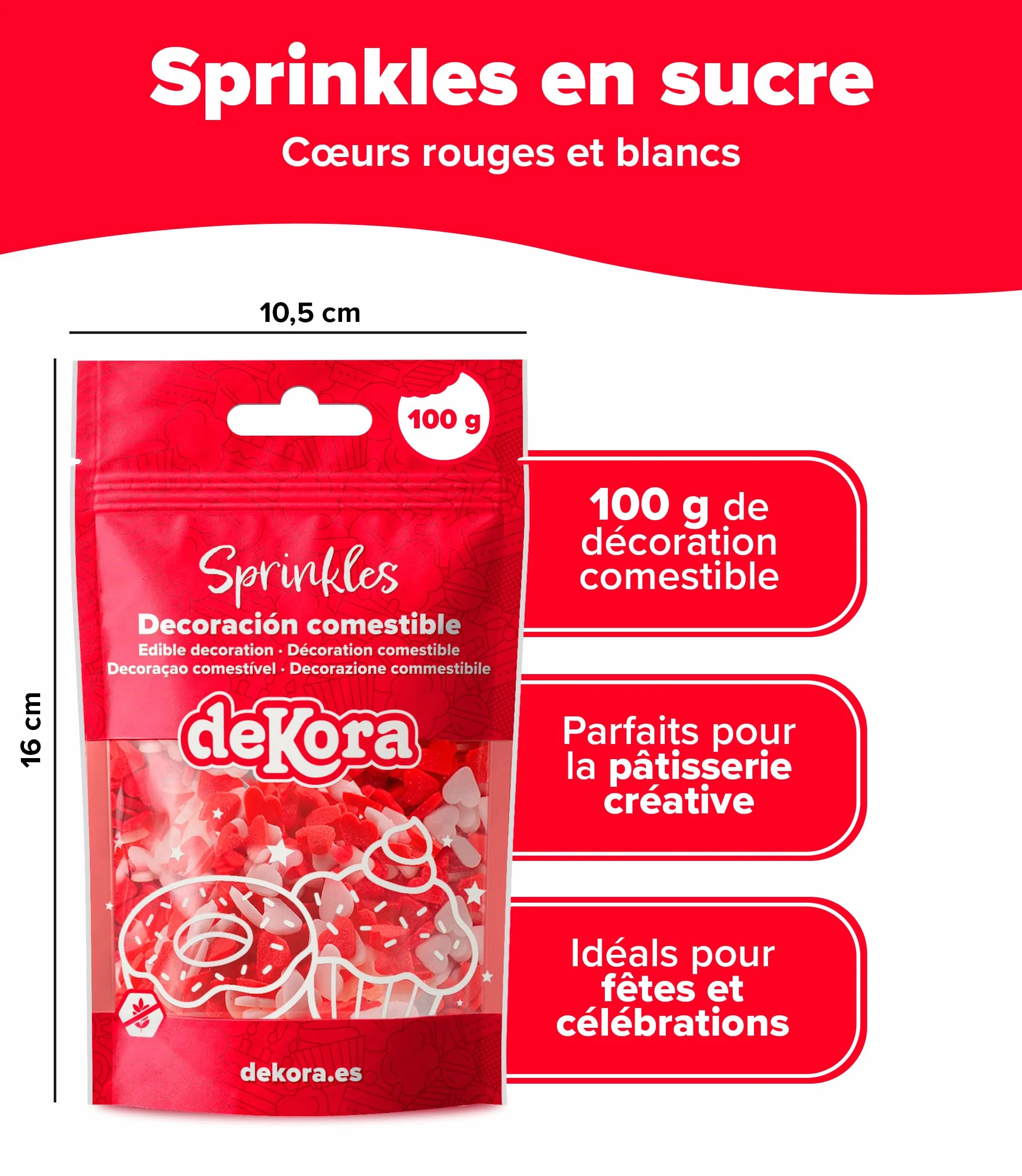 dekora – Confettis Cœur Rouges et Blancs en Sucre, 100 g – Décoration Saint-Valentin Chic pour Gâteau, Cupcake et Dessert