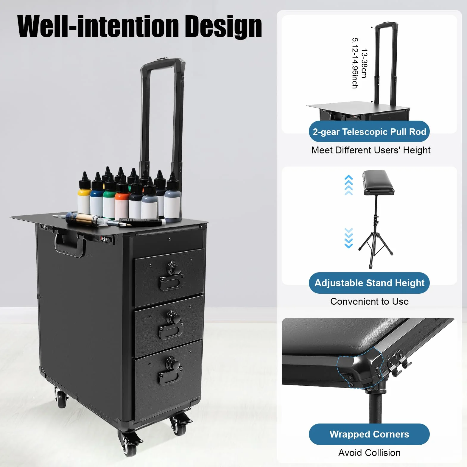Mallette de maquillage trolley avec 3 tiroirs, serrure à combinaison et support pour accoudoirs