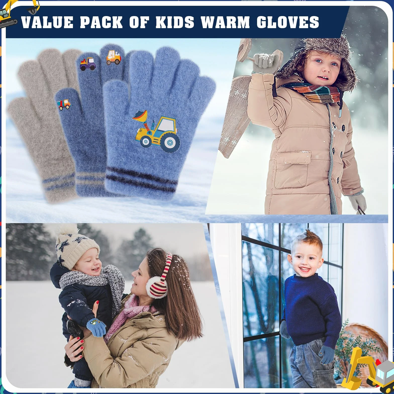 Gants magiques pour enfants lot de 3 paires mitaines thermiques d'hiver extensibles rayures 1-5 ans