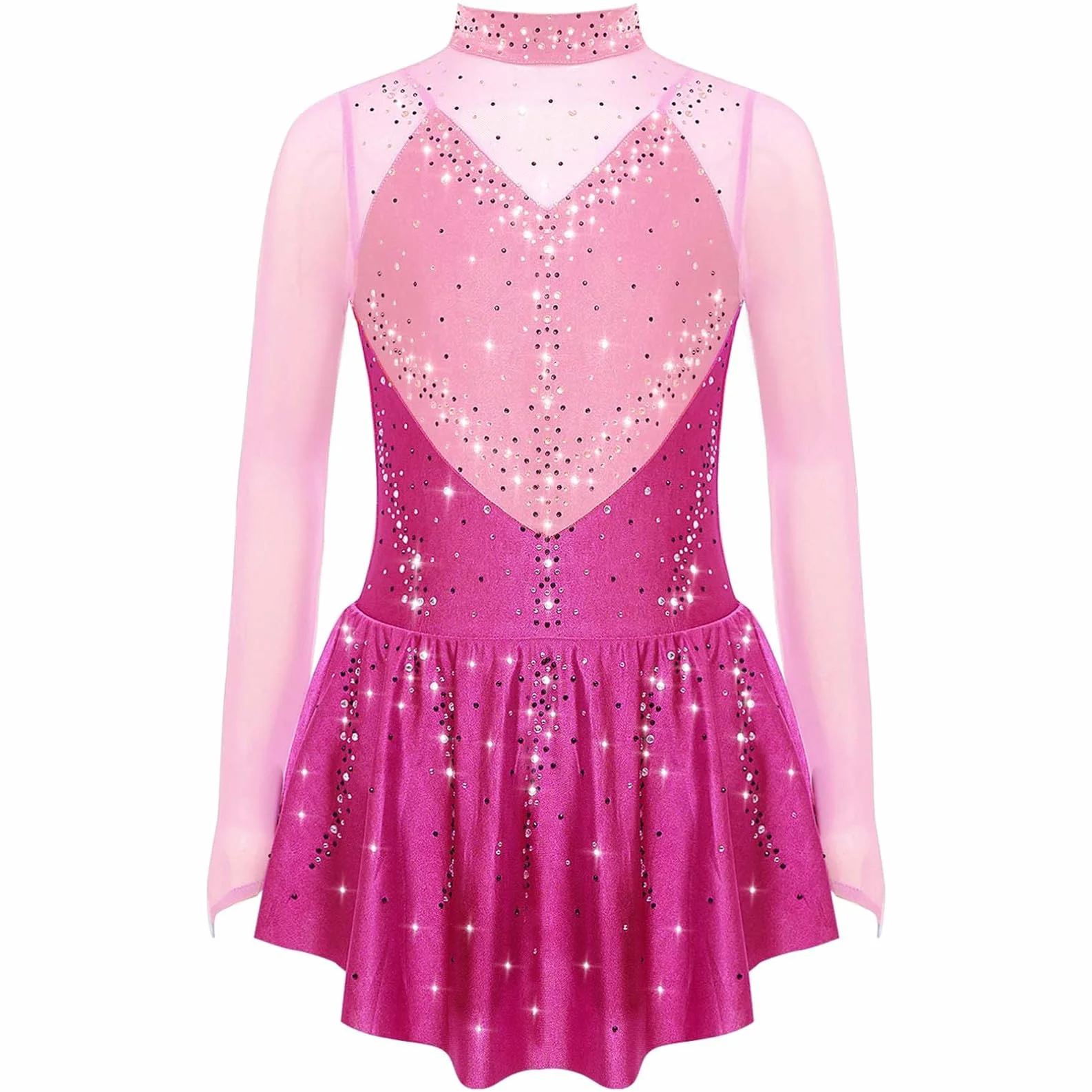 Robe Patinage Artistique Manches Longues Strass Justaucorps Gymnastique Enfant Fille 5-16 Ans