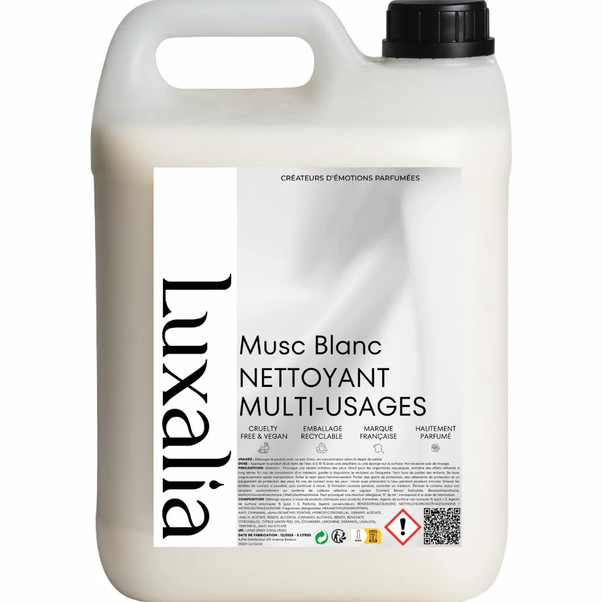 Nettoyant Sol & Multi-Usages Musc Blanc - Sols & Surfaces - Hautement Parfumé & Ultra Efficace - 5 Litres - LUXALIA