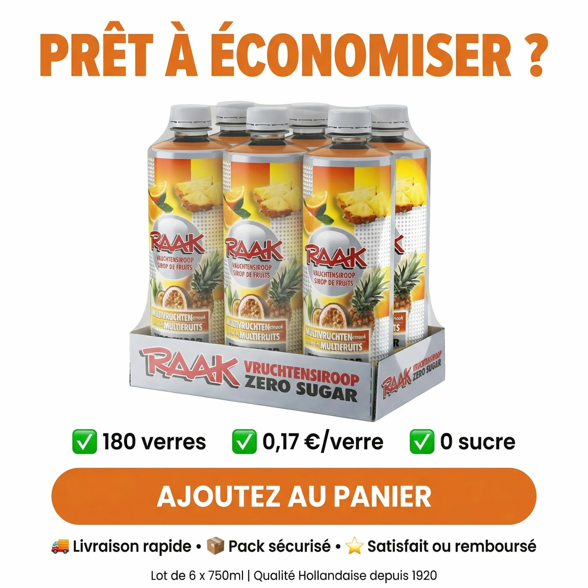 RAAK Sirop Multifruits ZERO SUCRE | 6x750ml = 180 Verres | 5 Fruits en 1 | Parfait Régimes & Familles