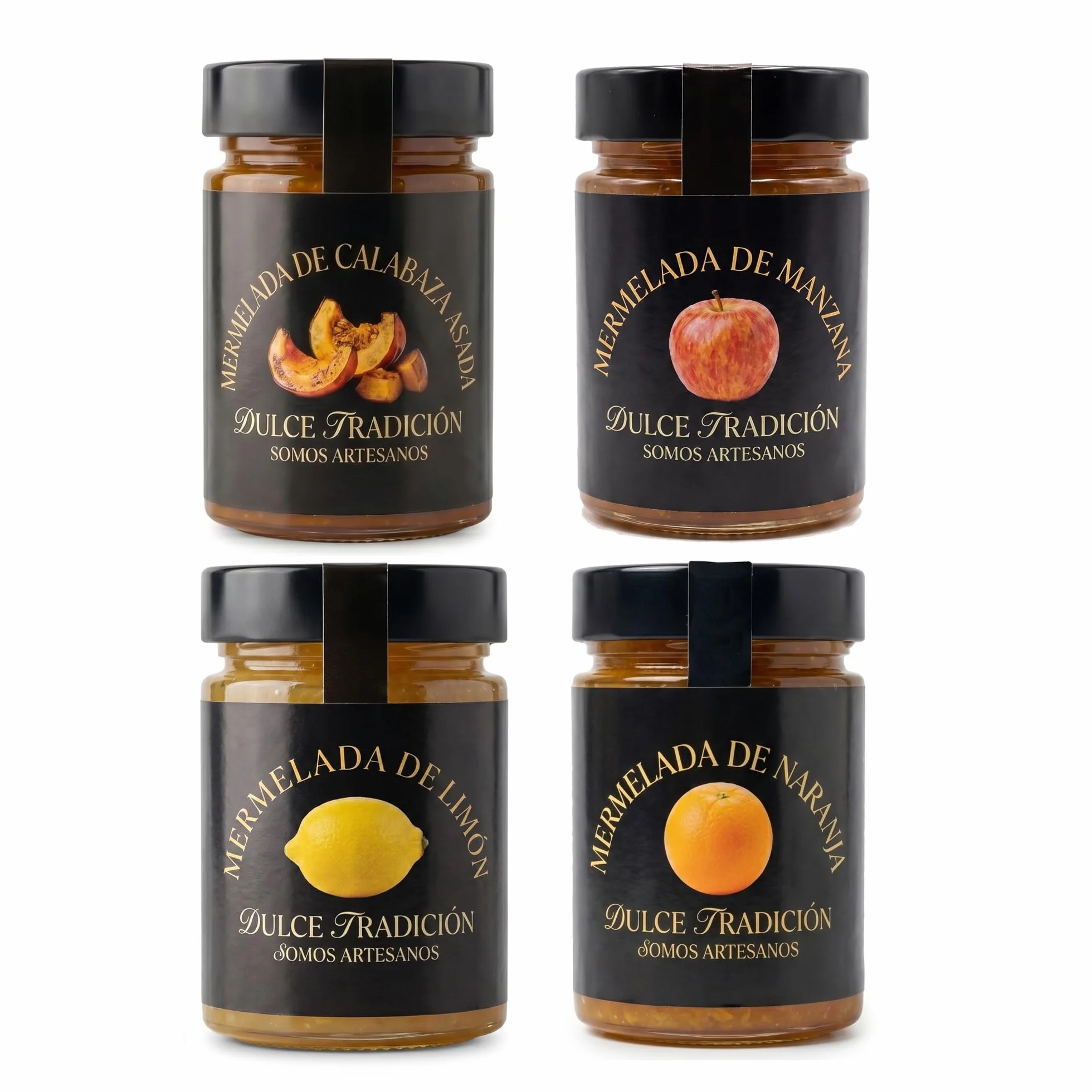 Confiture Dulce Tradición. Fabrication artisanale. Lot de 4 pots de 390 gr, potiron rôti, citron, orange et pomme. 63% de fruits frais de saison. Sans conservateurs ni colorants.