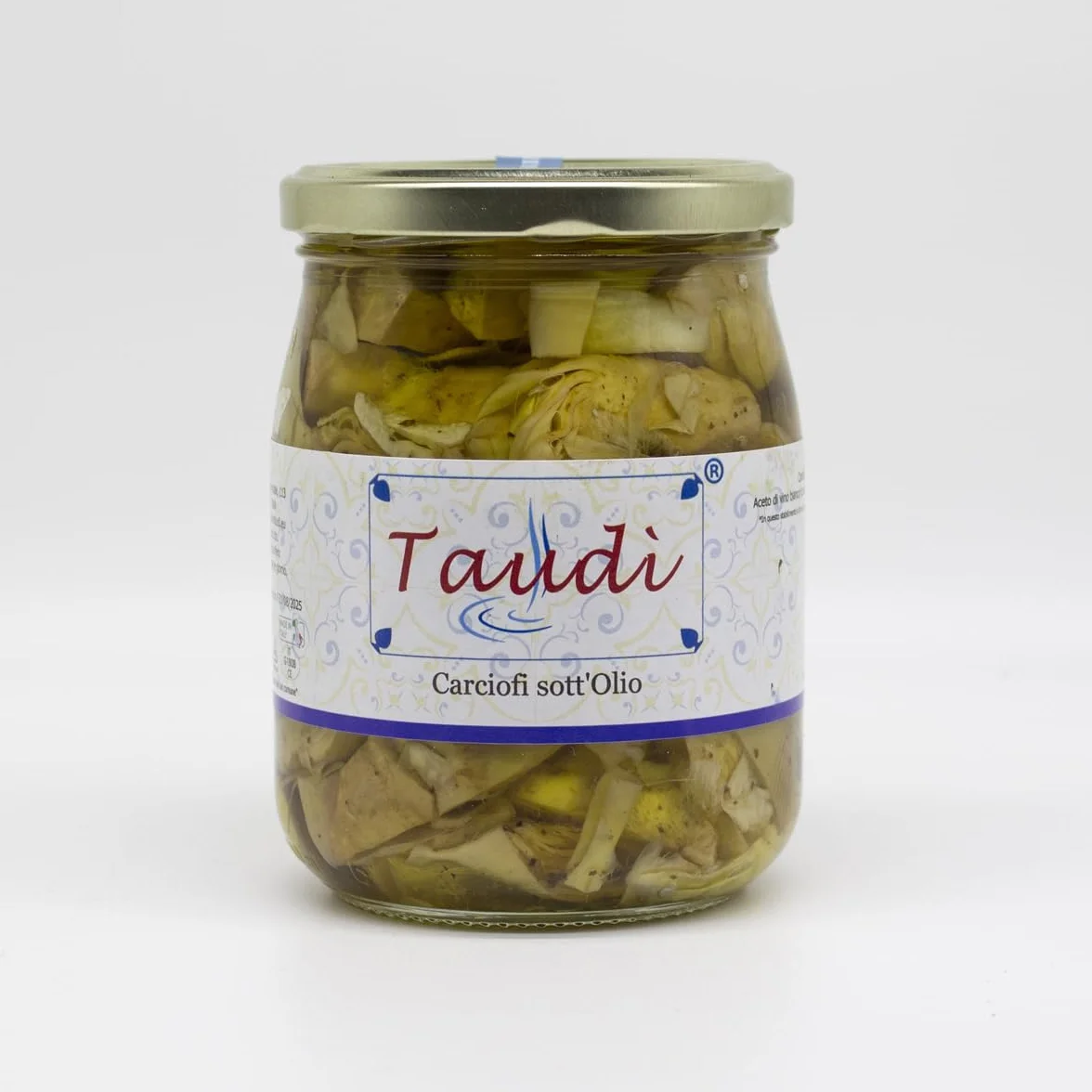 Taudì Conserve – Cœurs d’Artichauts à l’Huile d’Olive – Recette Artisanale Sicilienne – 100% Naturel, Sans Conservateurs – Idéal pour Apéritifs, Salades & Plats Gourmets – Pot en Verre 510 g