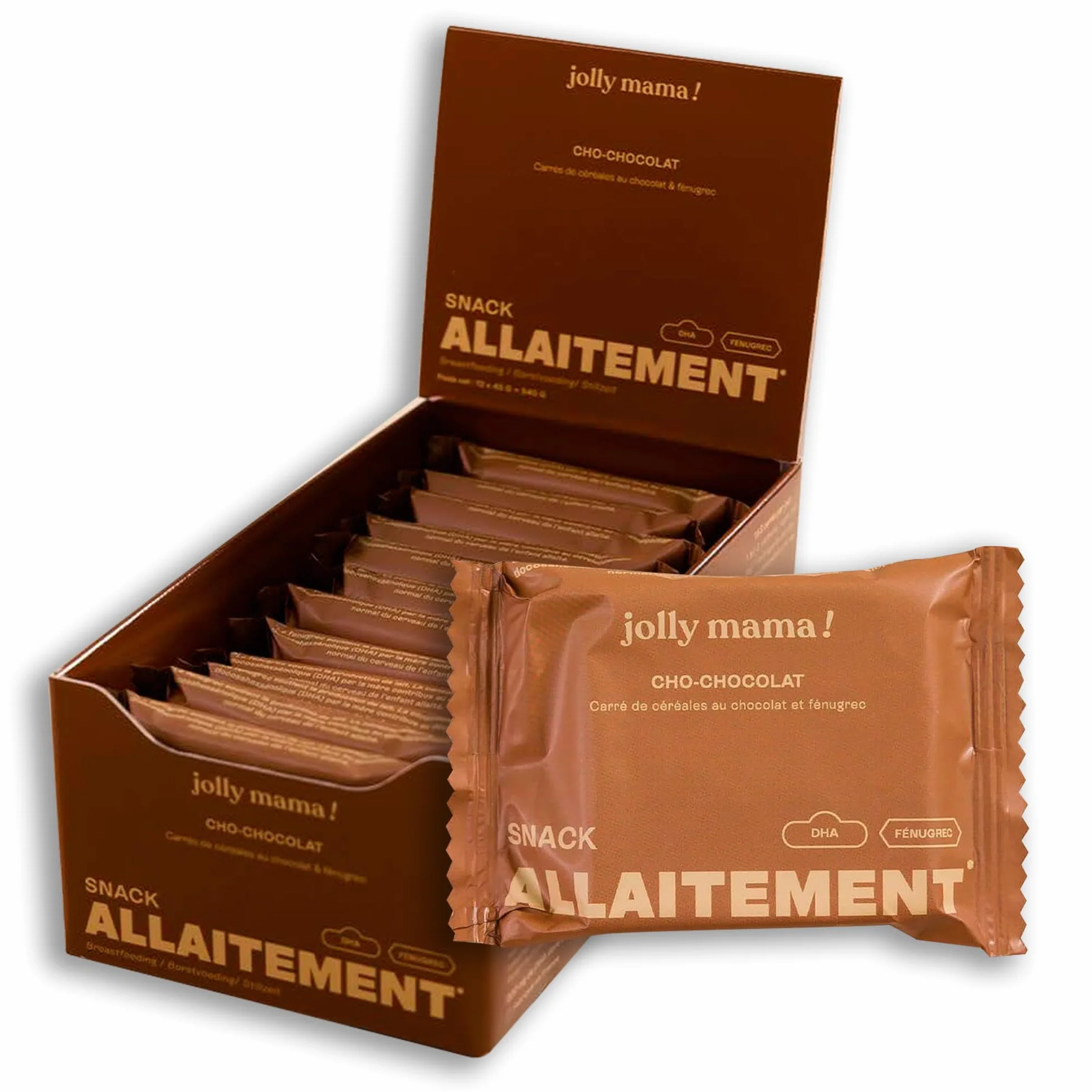 Jolly mama! Lot de 12 Barres Céréales Cho-Chocolat | Snack Boost Allaitement | Fénugrec et DHA Végétal | 100% Vegan et Naturel | Fabriqué en France