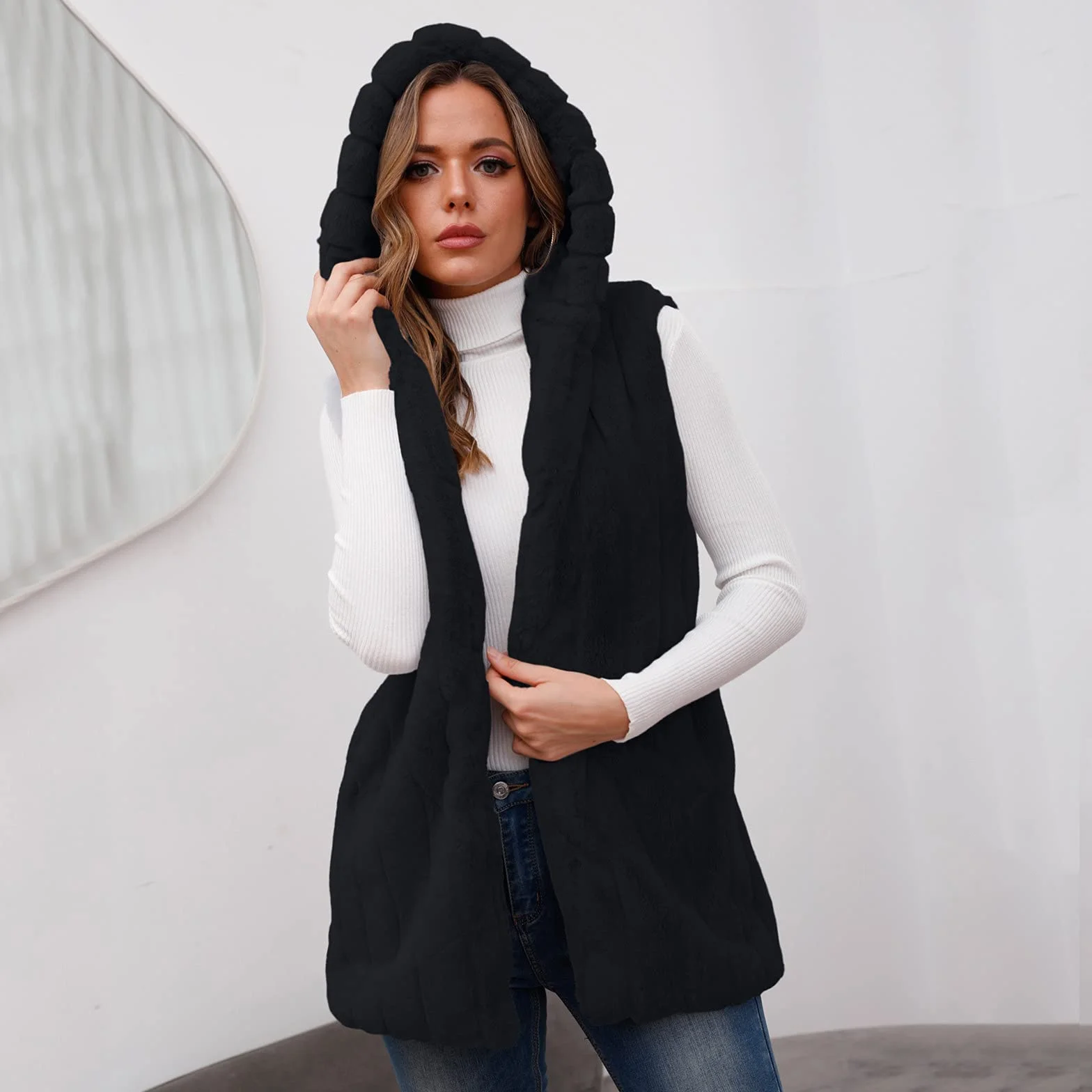 Gilet femme fausse fourrure polaire mi-long sans manches avec poches
