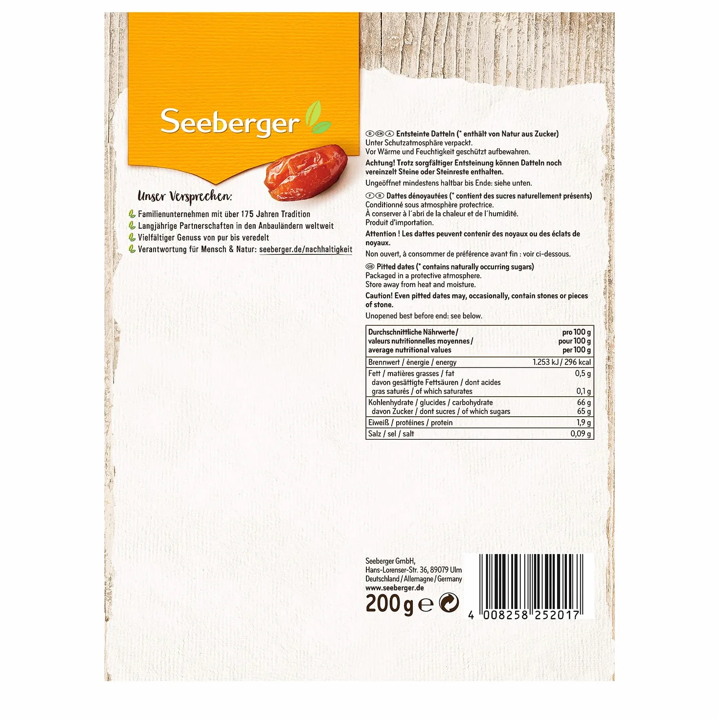 Seeberger Dattes : Dattes au goût de miel à la chair crémeuse - pour sucrer naturellement les plats - dénoyautées, séchées et non soufrées - sans ajout de sucre (1 x 200 g)