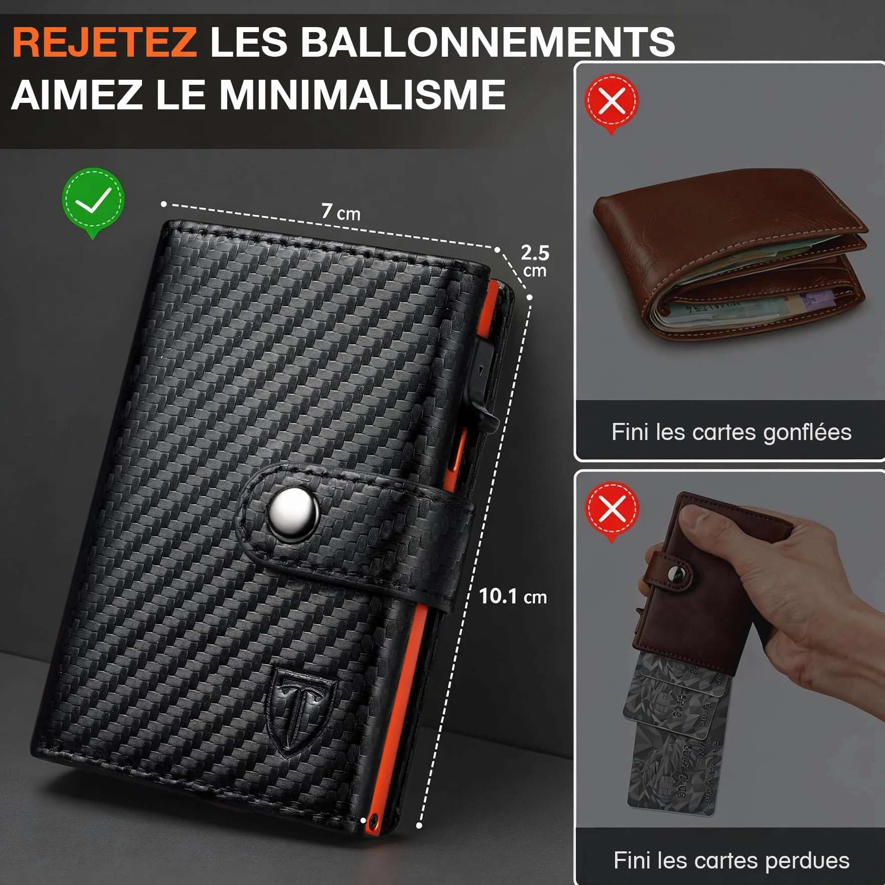 Portefeuille Homme Fibre de Carbone RFID Blocage Noir Orange