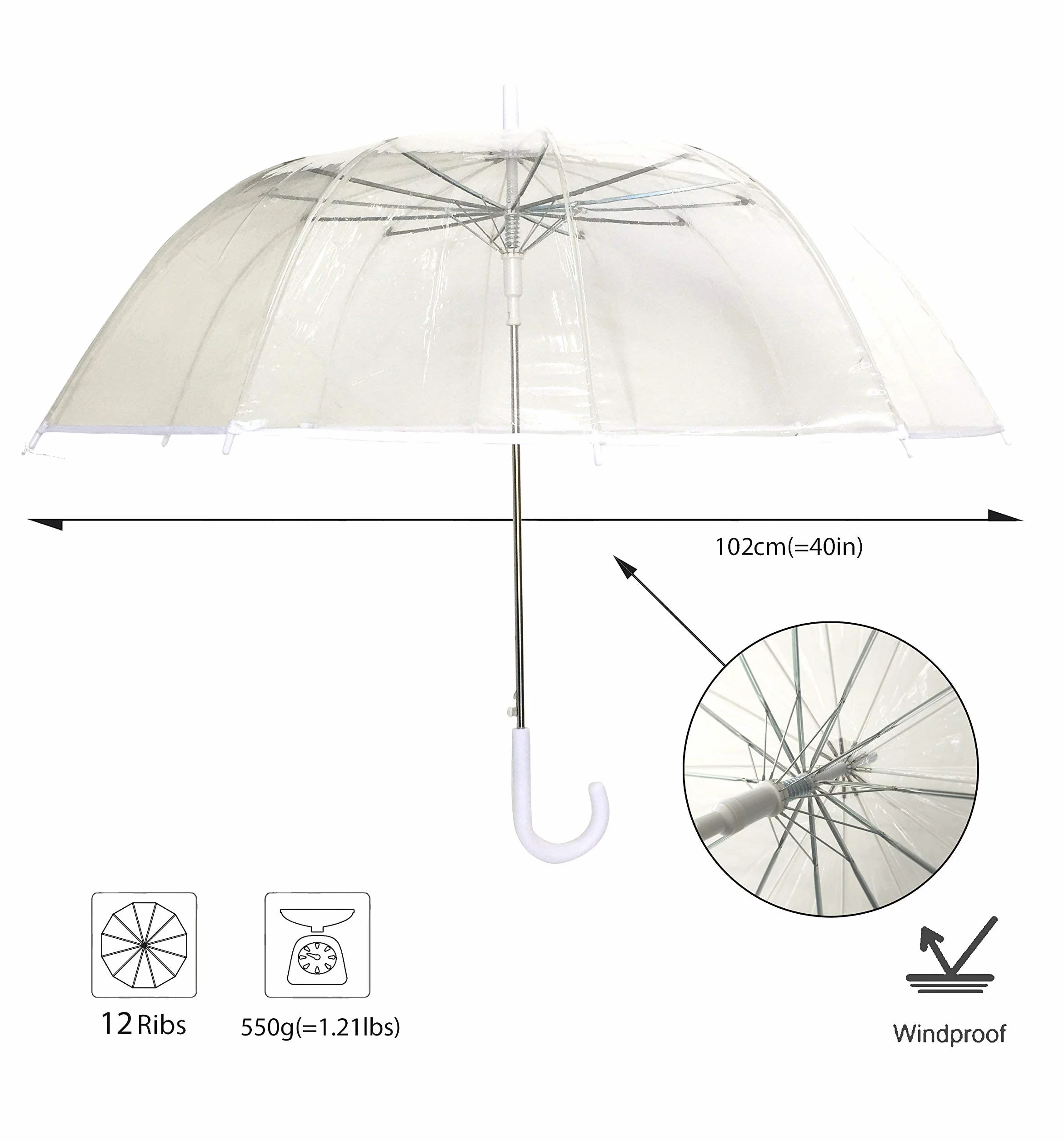 SMATI Grand Parapluie Long Transparent Résistant au Vent 12 baleines Diamètre 102cm Ouverture automatique