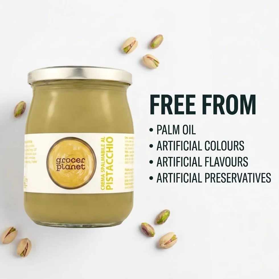 Grocer Planet - Crème Douce de Pistaches (600g) | Avec 45% de Pistaches | Cuisine Italienne Gourmet | Ideal pour les petits déjeuners et les desserts