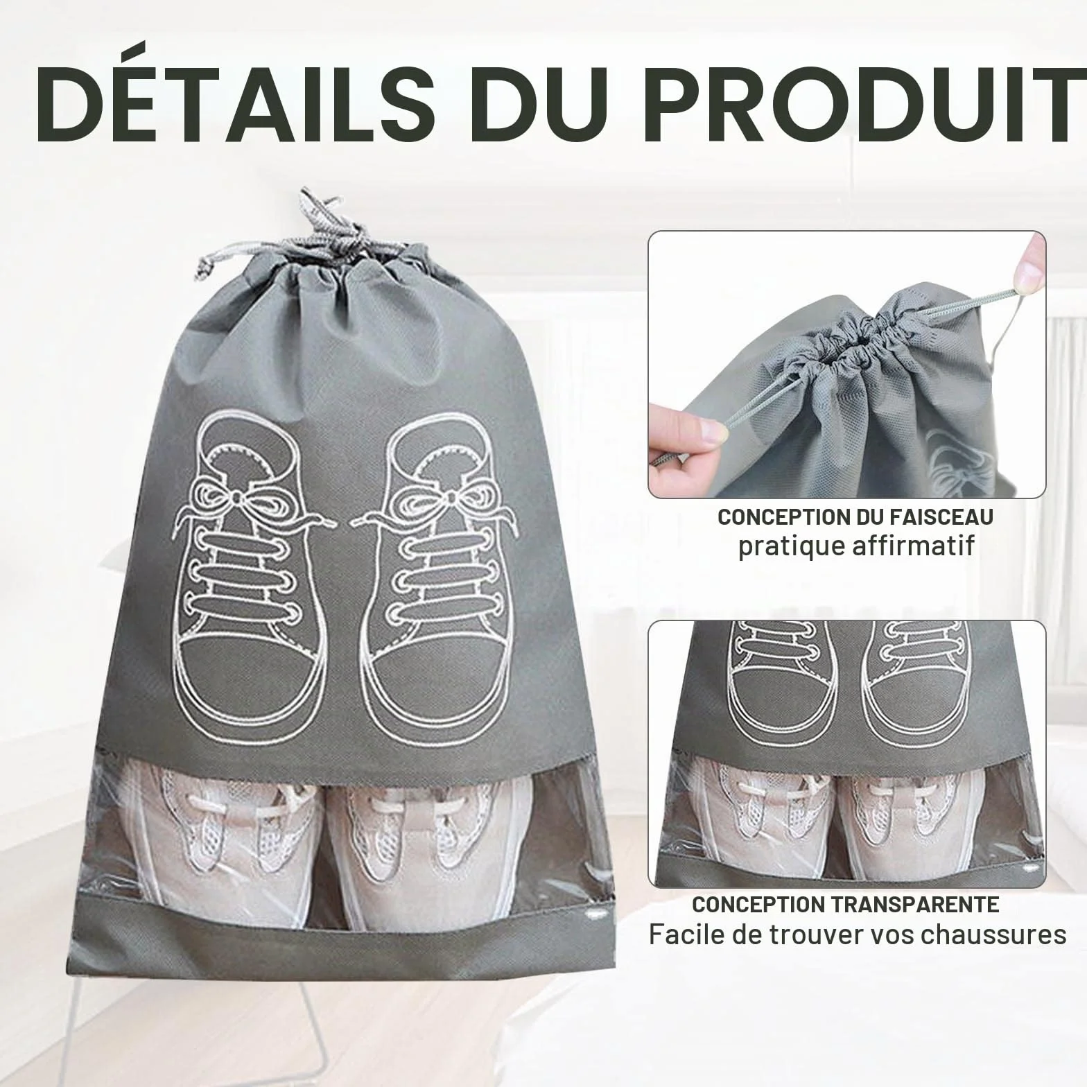 Lot de 5 Grands Sacs de Rangement pour Chaussures étanches à la Poussière avec Cordon de Serrage et Fente Transparente