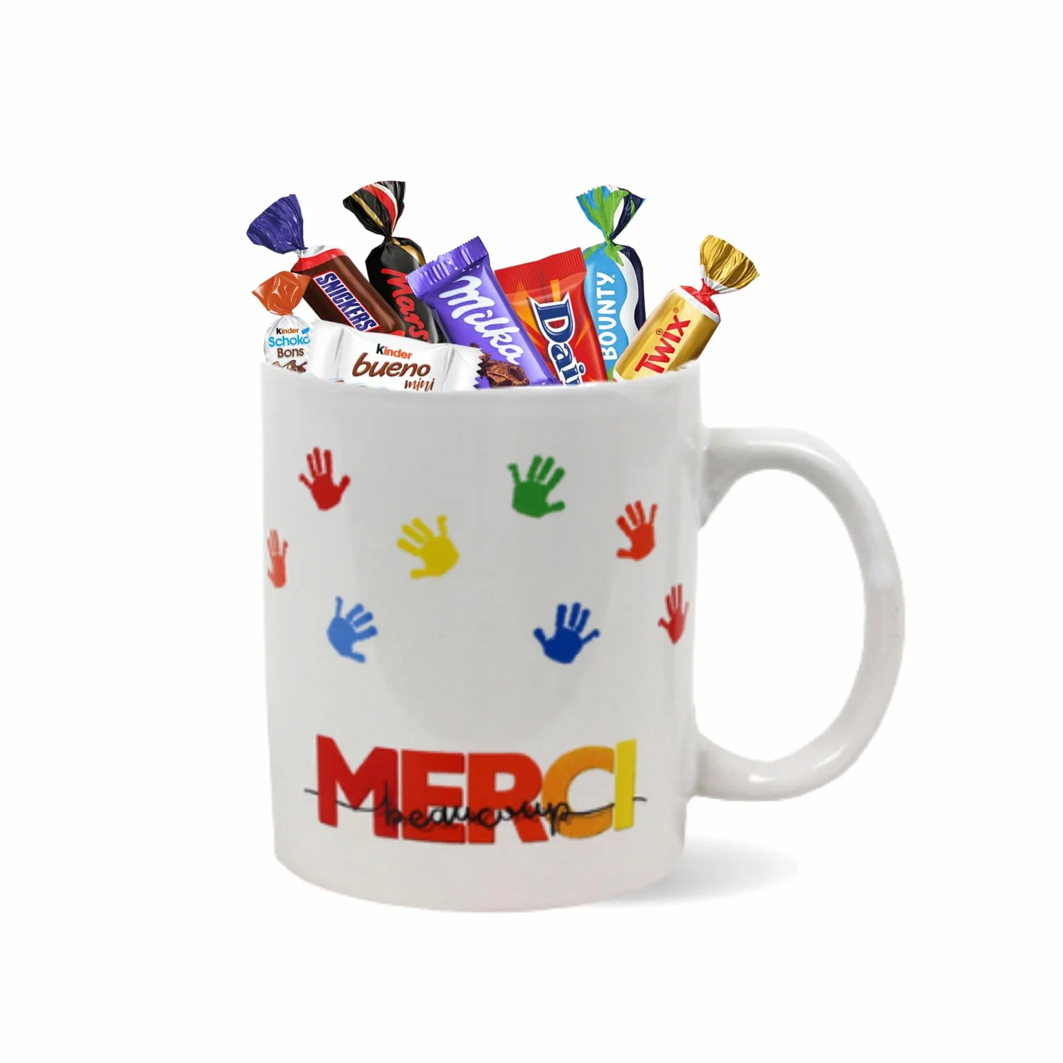 Tasse garnie d'un assortiment de 20 chocolats KINDER, DAIM, MILKA, CELEBRATIONS | Cadeau pour les maîtresses, maîtres, ATSEM, nounous, collègues, soignants