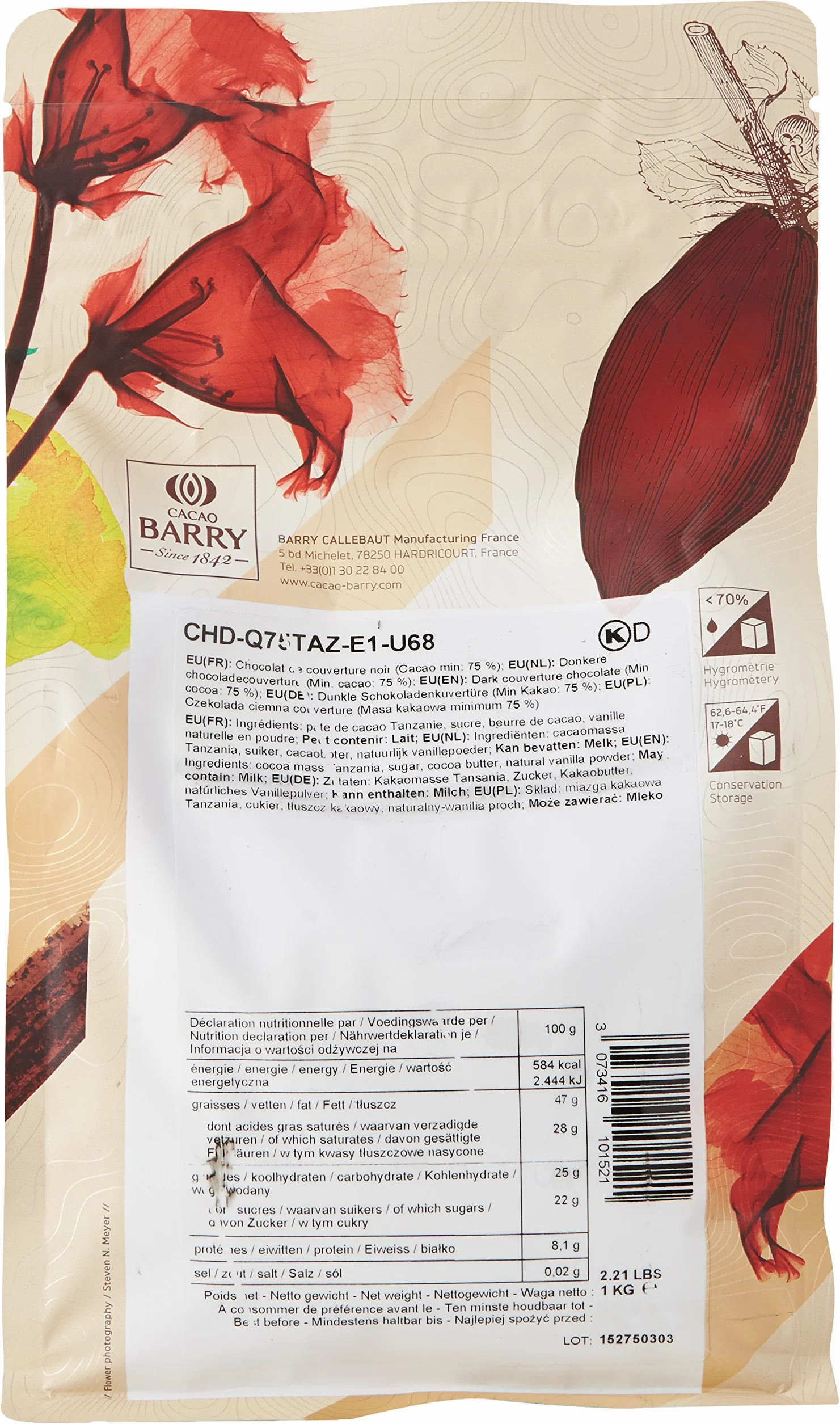 CACAO BARRY 75% Min Cacao Chocolat Tanzanie Pistoles 1 kg