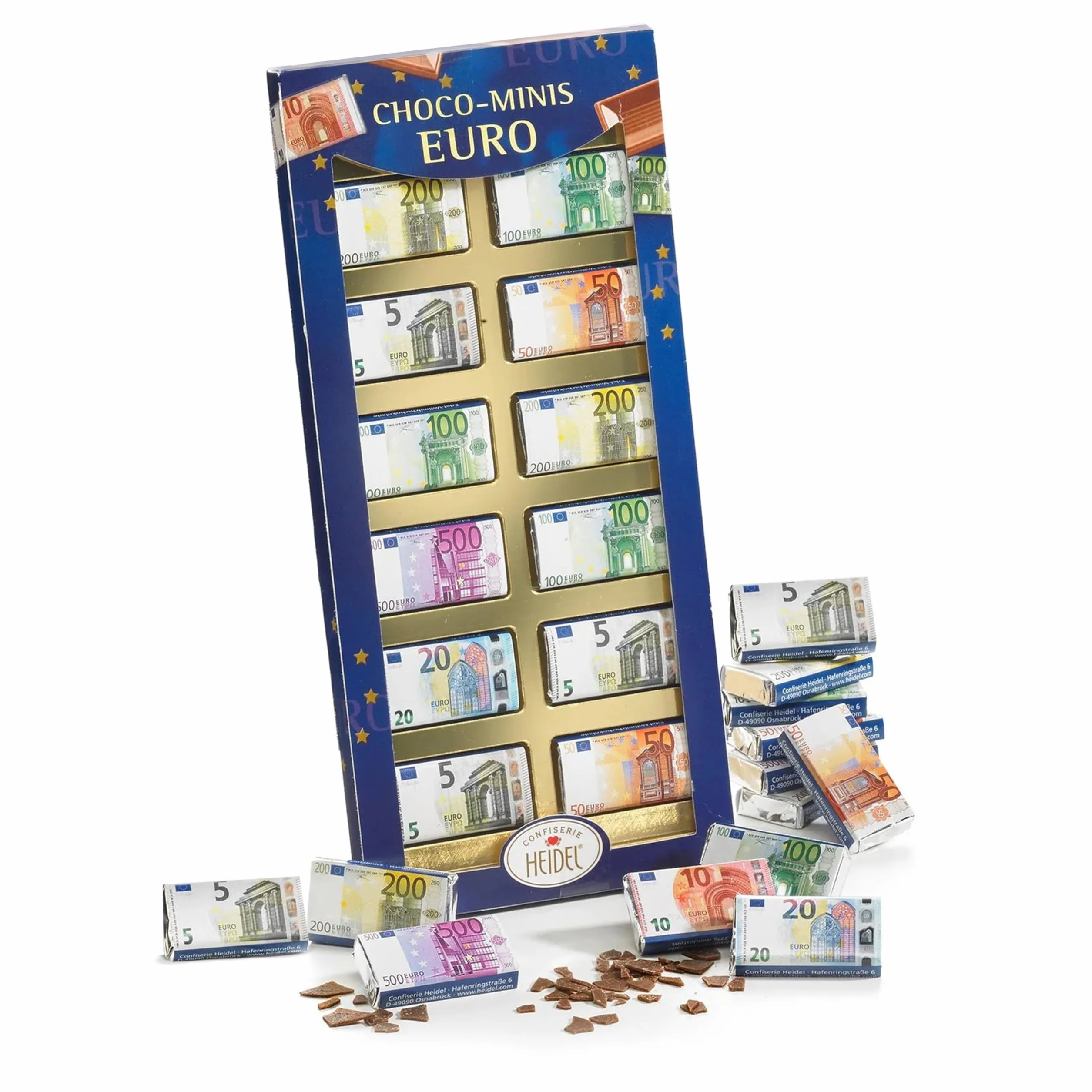 Minis Chocolat Euro en Chocolat HEIDEL Conffiserie - Coffret présent original 36 g chocolat-au-lait - Pour cadeaux en argent - Chocolats a offrir a occasions spéciales - 5 à 200 en billets d'euros