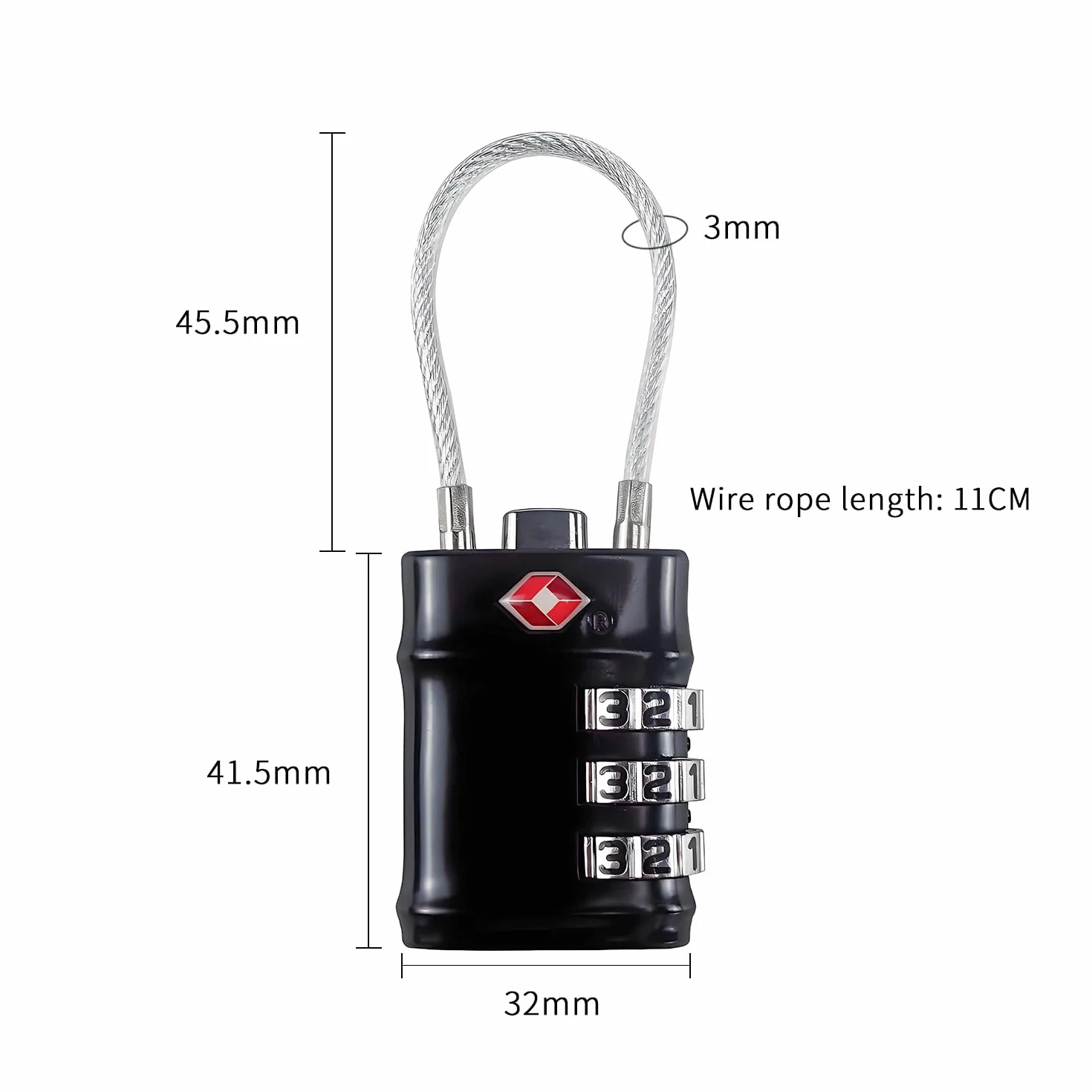 QUMOX Cadenas à câble TSA - Cadenas à combinaison 3 chiffres - Cadenas de voyage pour valise, alliage, noir