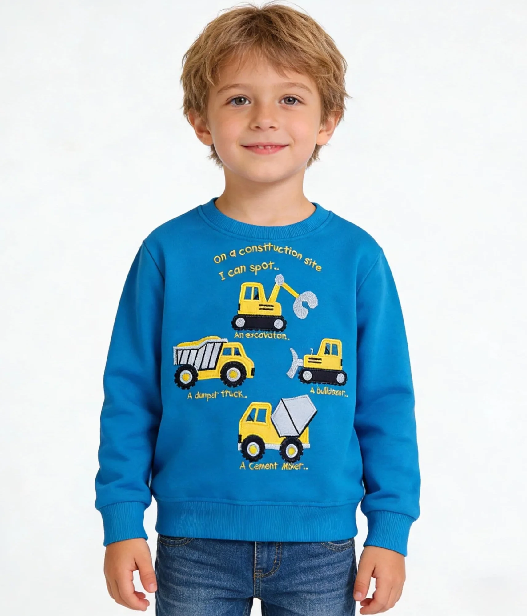 Sweatshirt Garçon Imprimé Dinosaure Excavateur Coton Col Rond 2-7 Ans