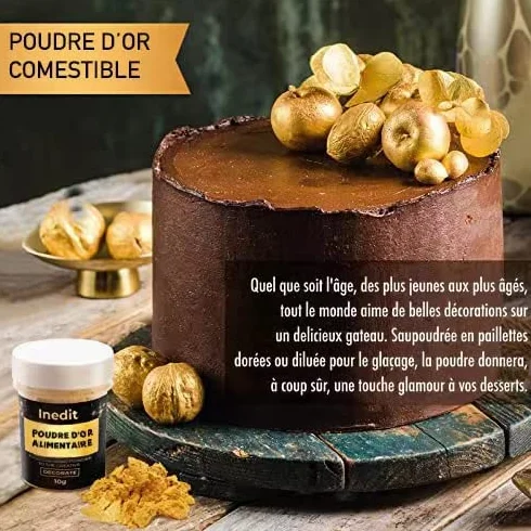 Poudre Alimentaire Or - Décoration Patisserie/gâteaux/Macarons/ (10g) - Qualité PREMIUM - Couleur Dorée et Paillette - 100% COMESTIBLE