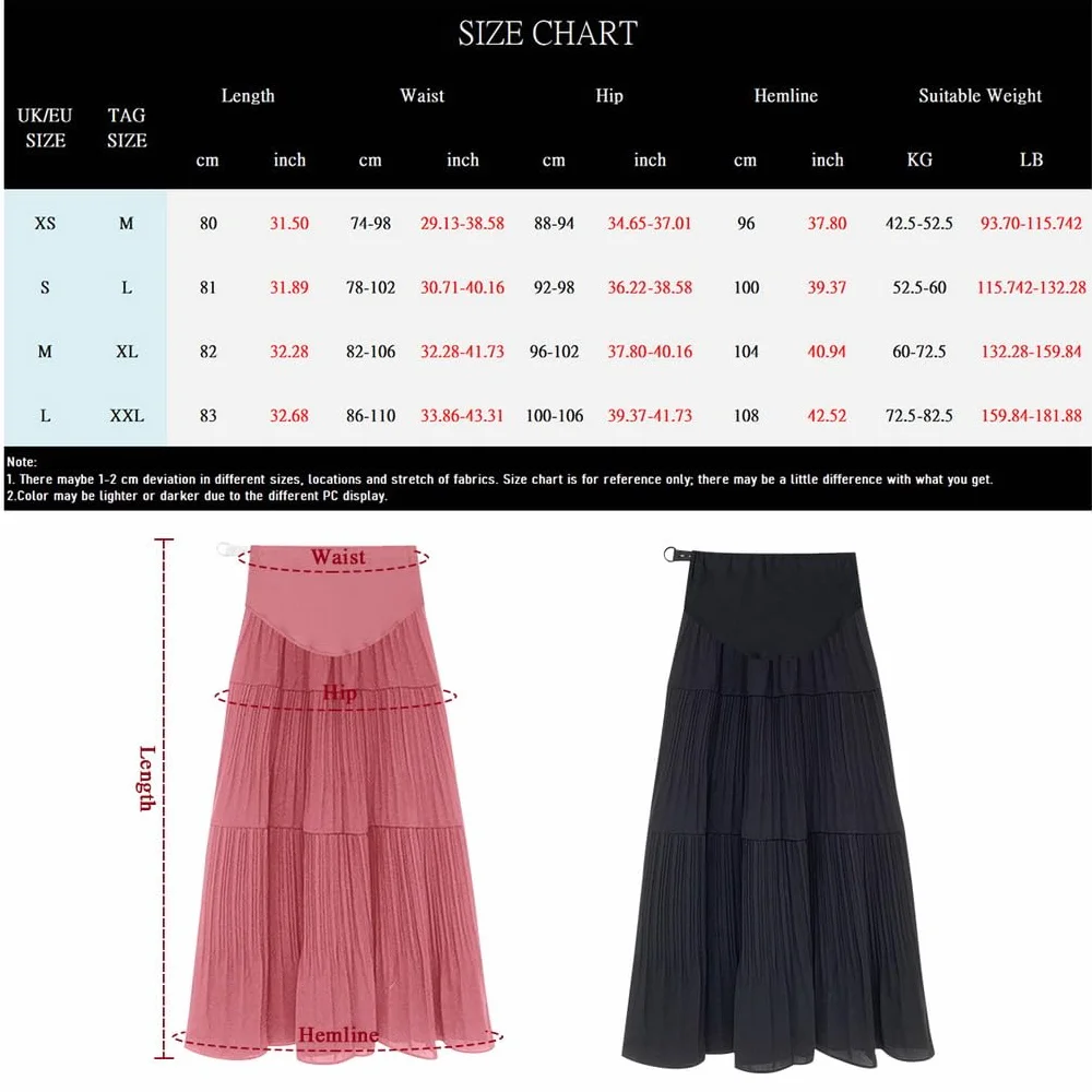 Jupe de Grossesse Maternité Over The Belly Longue Plissée Mousseline Noir Rose Plage Maxi