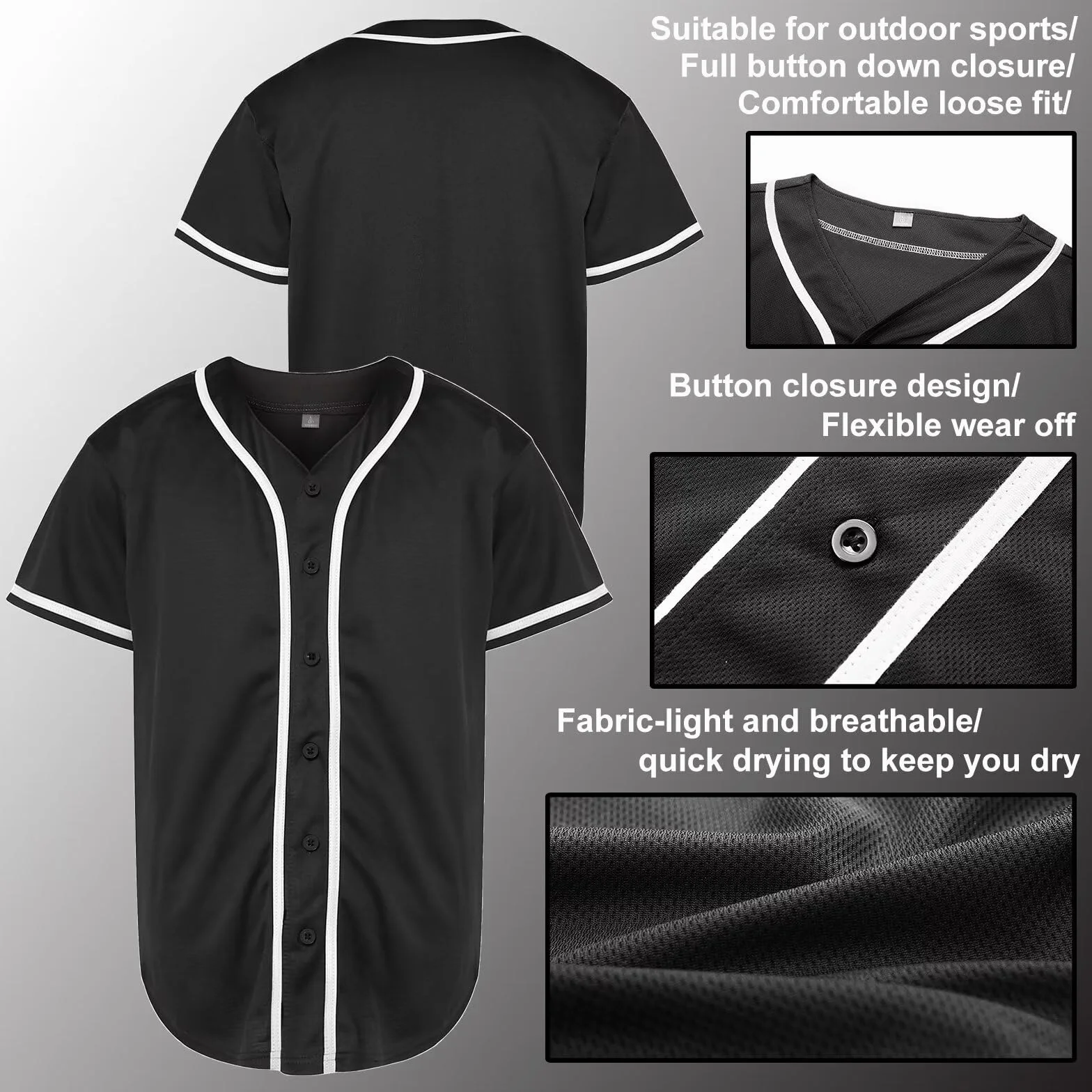 Maillot de baseball boutonné homme manches courtes couleur unie Hip Hop Team Sports Uniformes