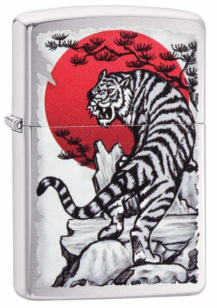 Zippo - Briquet Tempête, Motif Tigre Asiatique, Chrome Brossé, Image Colorée, Rechargeable, Réutilisable, Résistant Au Vent, Coffret Cadeau, Fabriqué Aux États-Unis