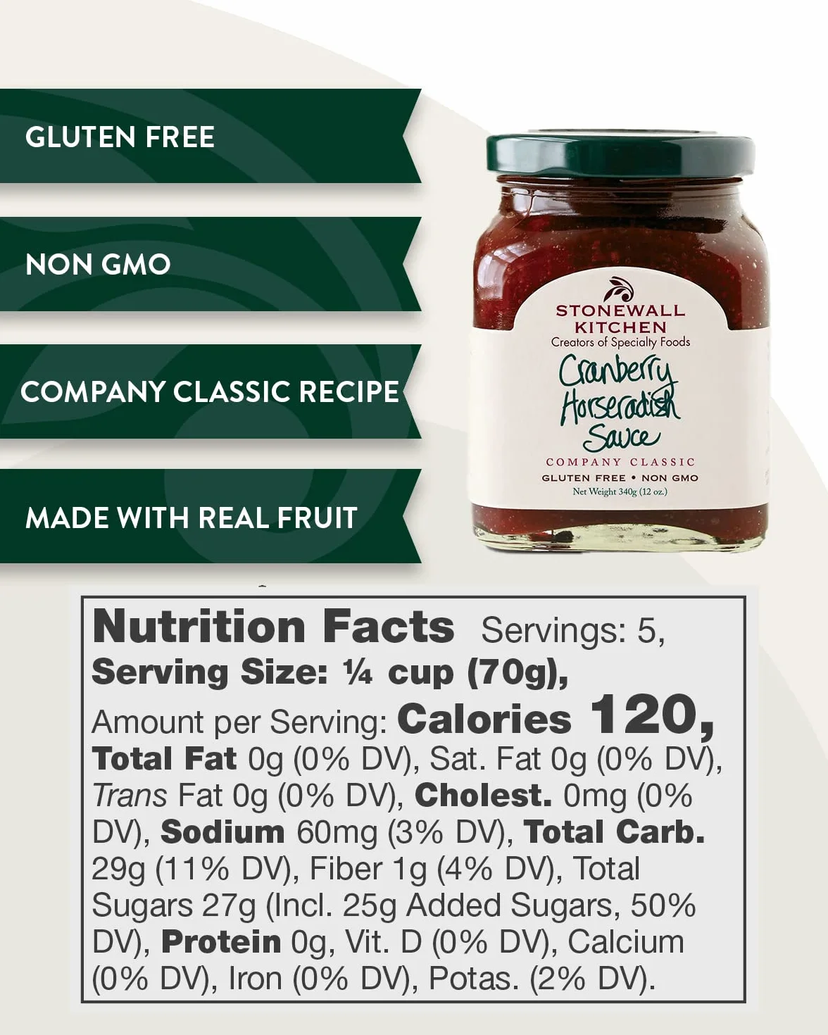 Stonewall Kitchen Sans gluten, toute la sauce naturelle de raifort de canneberge, 12 onces Sauce aux canneberges raifort 12 oz Multi