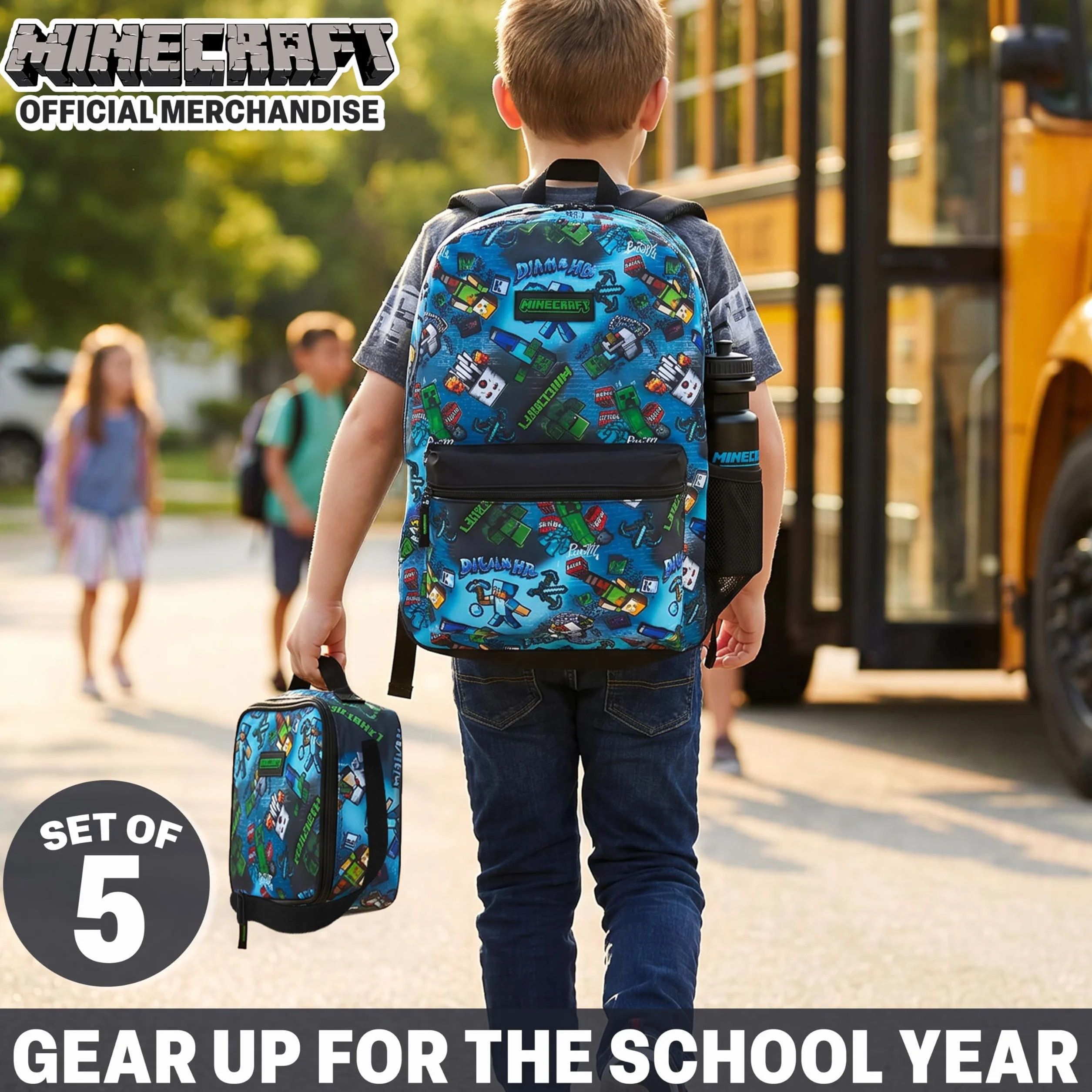 Minecraft Sac à Dos Garçon Set 5 Pièces avec Sac Isotherme Repas Trousse Scolaire Gourde sans BPA
