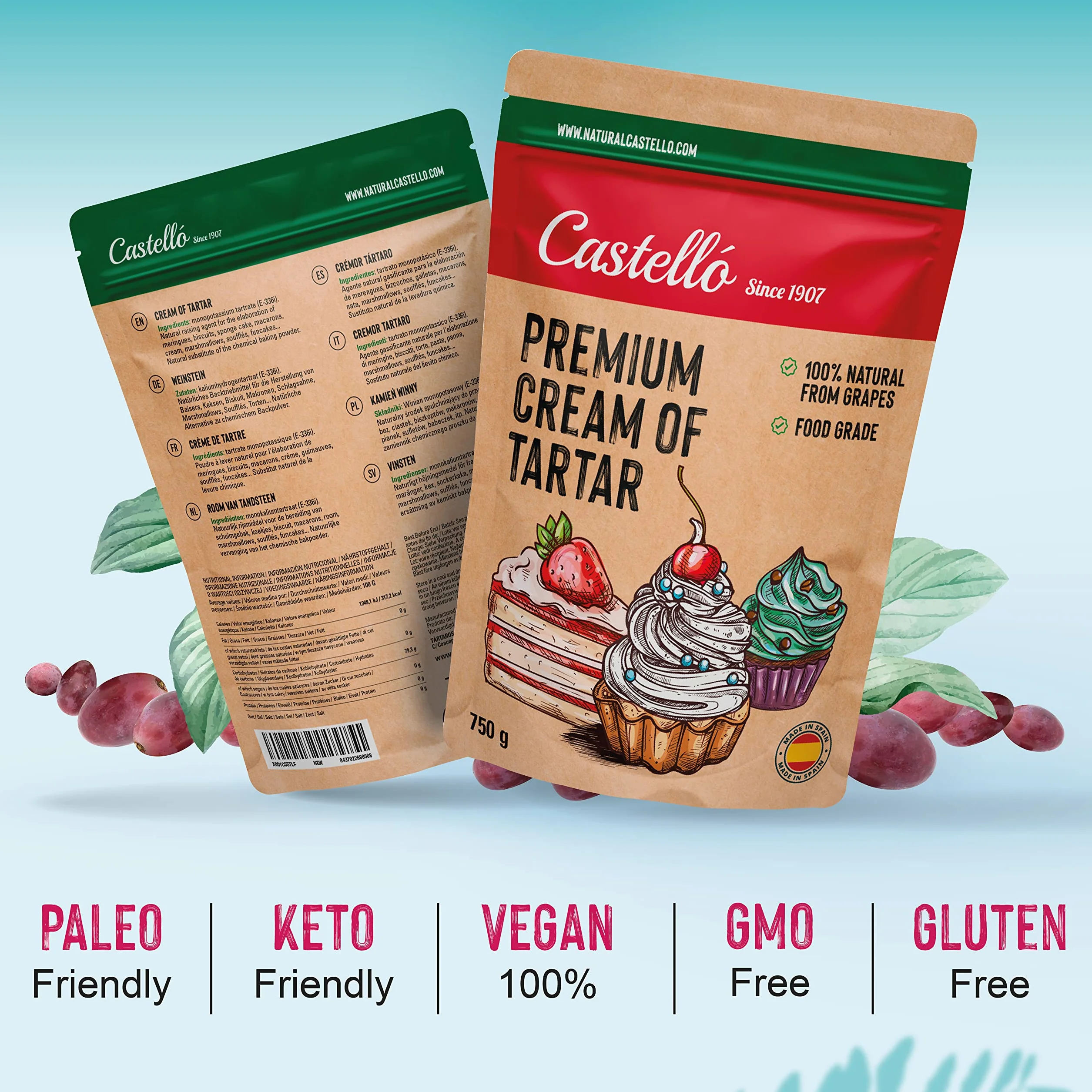 Castello since 1907 Crème de tartre 750 g | 100% Naturel, Substitut Naturel de la levure chimique, Sans Gluten, Sans Phosphates, Keto et Paleo
