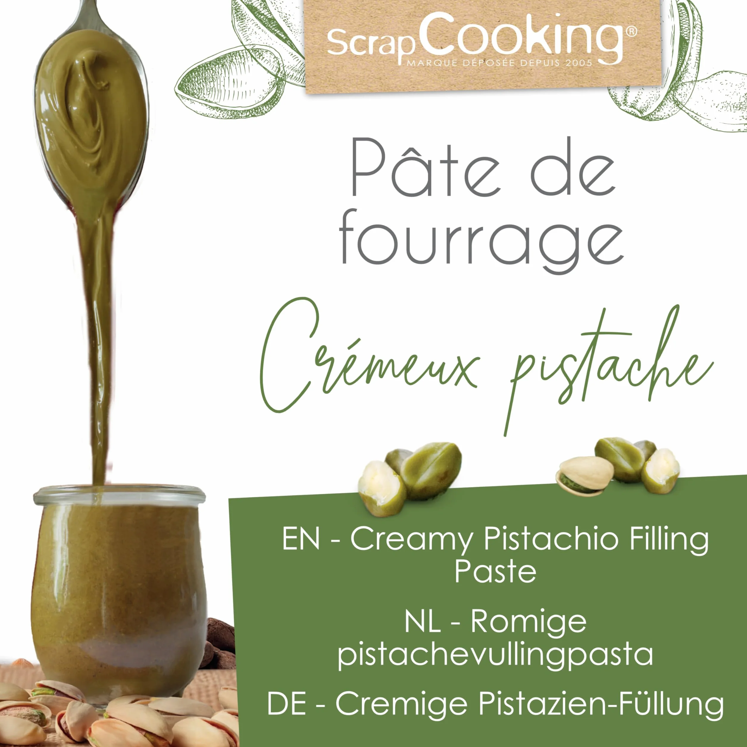 ScrapCooking - Pâte de Fourrage Crémeux Pistache 200 g - Pour Fourrer Tablettes, Éclairs, Macarons, Gâteaux, Bûches de Noël, Cookies, Cheesecakes & Pâtisseries - 4638