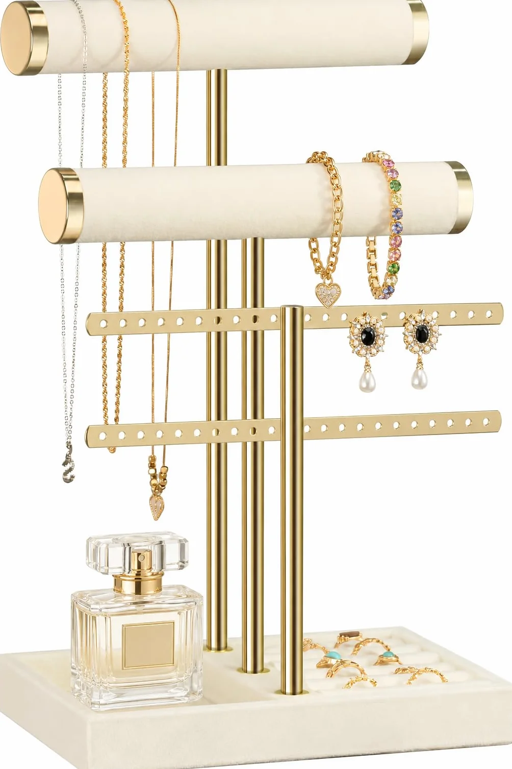 Organisateur de Bijoux à 3 Niveaux en Velours Beige - Porte Bijoux pour Bracelets, Colliers, Montres, Bagues