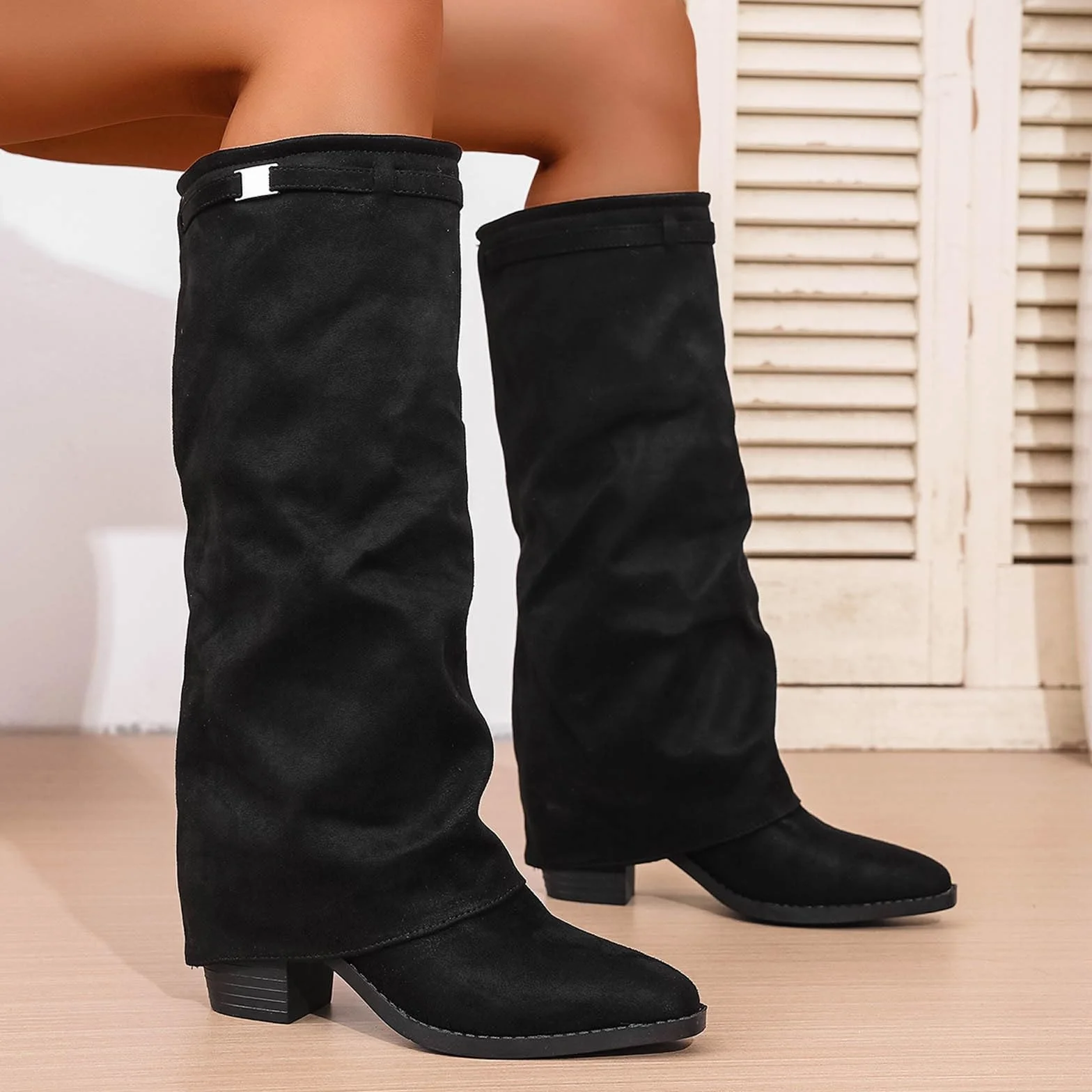 Shark Bottes pour Femme en Cuir Noir - Talon Plateforme Longue Tige Bout Pointu