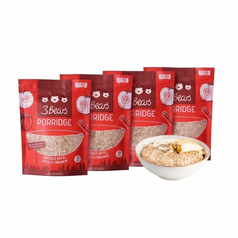 Porridge d'avoine | 3Bears Porridge | Pomme Cannelle - 4 x 400g - Avec de vrais morceaux de fruits | Porridge , Céréales, Oatmeal, Petit Déjeuner Healthy, Sans Sucres Ajoutés, Instantané