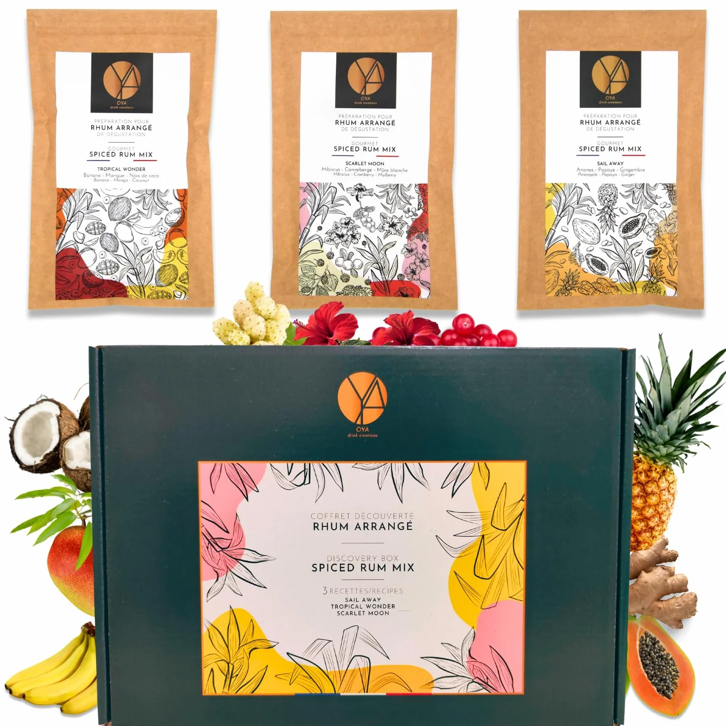 OYA - Coffret Rhum Arrangé de Dégustation de 3 préparations TROPICAL WONDER, SCARLET MOON, SAIL AWAY (pour 3 x 70cl de rhum) Kit Idée Cadeau Anniversaire Fête des Pères