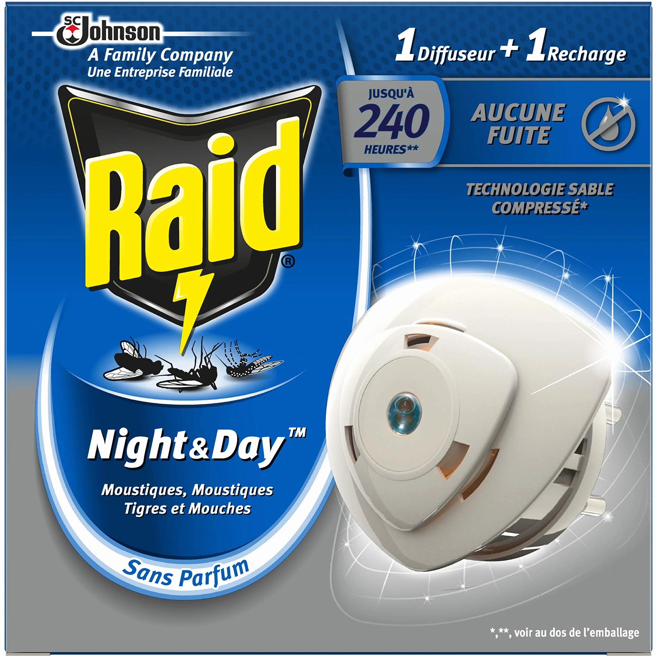 Raid diffuseur électrique night&day mouches, moustiques et moustiques tigres, 1 diffuseur + 1 recharge 240 heures, L'emballage peut varier
