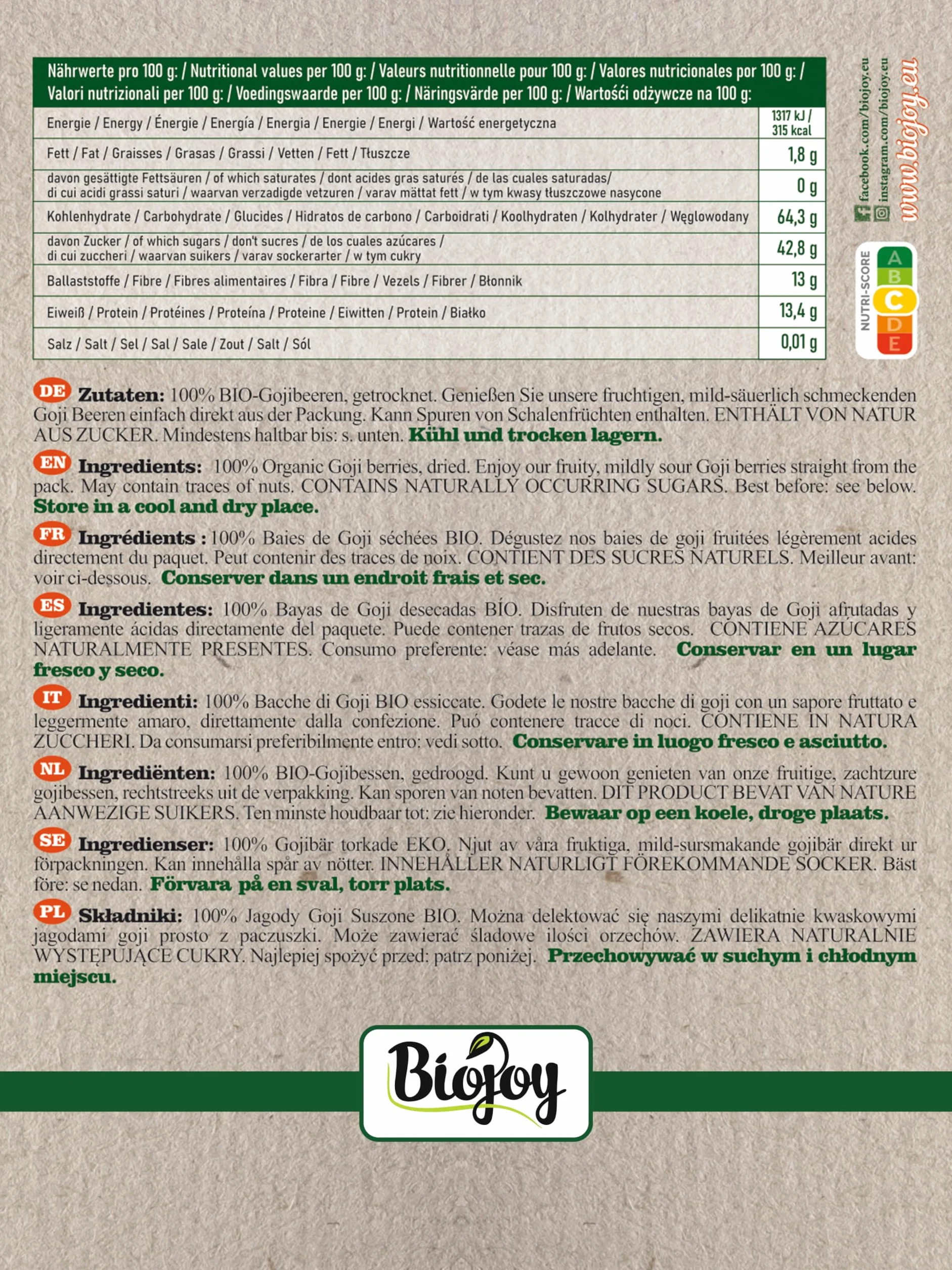 Biojoy Baies de Goji BIO supérieures (1 kg), séchées et entières, sans sucre ajouté