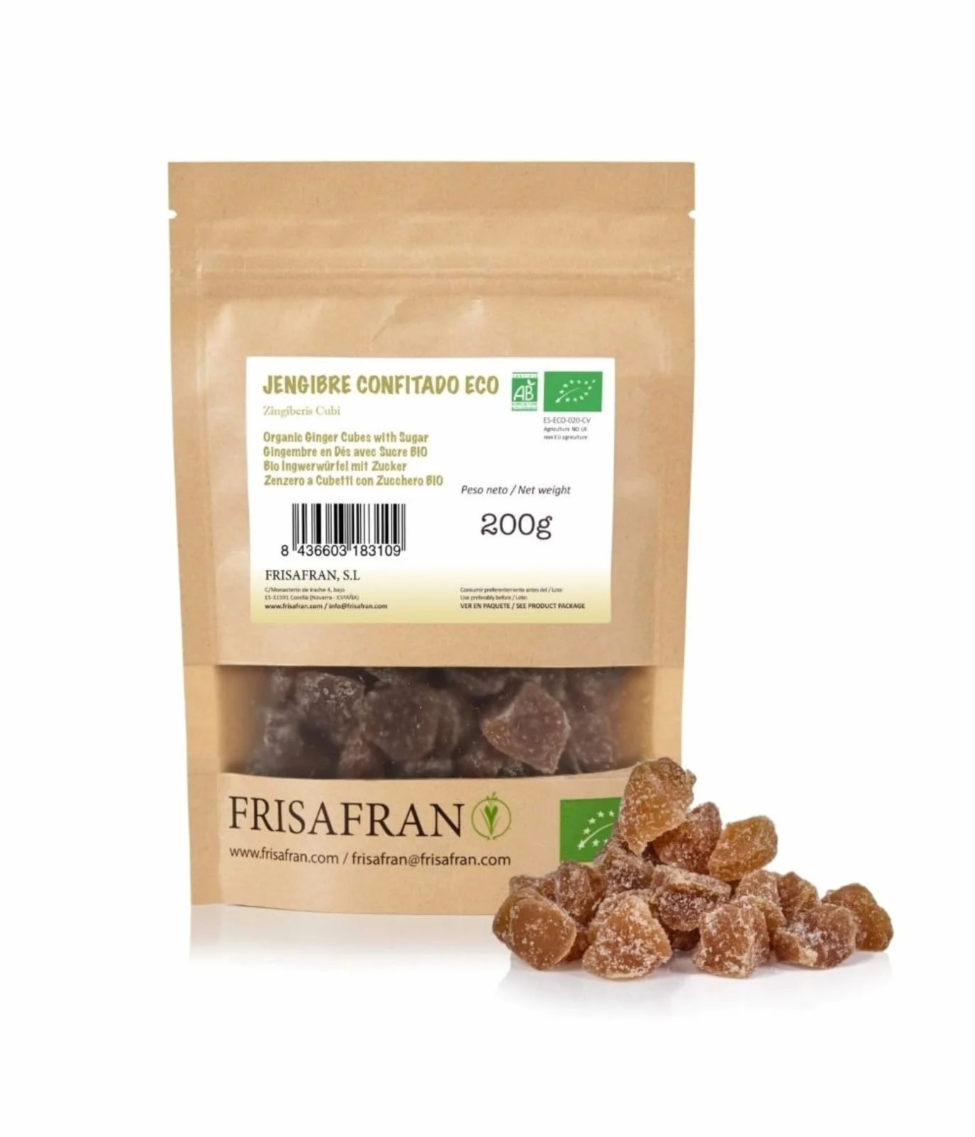 FRISAFRAN | Dés de Gingembre au Fructose Bio 200g | Tranches de gingembre glacées | Bonbons au gingembre coupés en dés | Gingembre confit | Superaliment naturel sans additifs | Naturel-Bio
