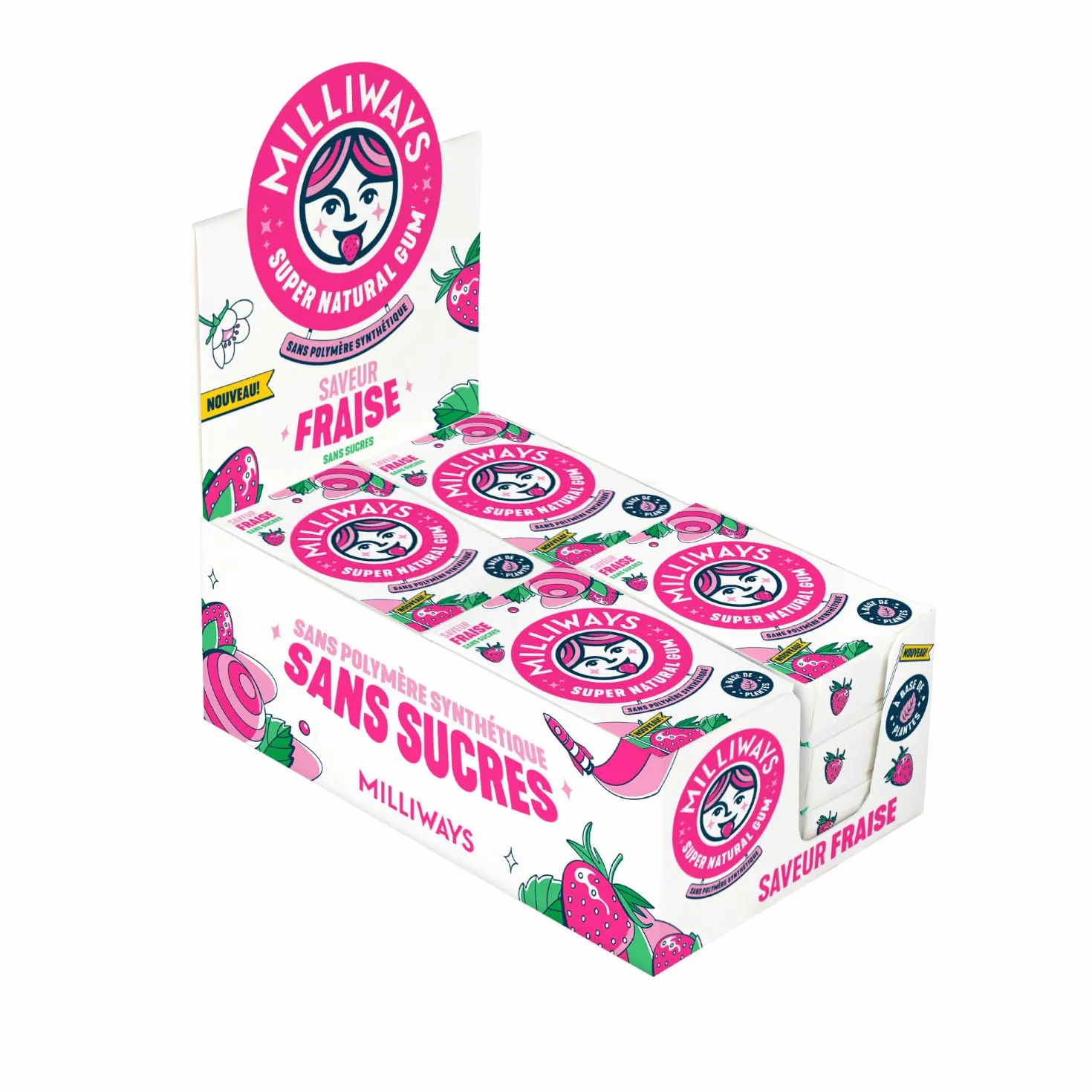 MILLIWAYS Chewing gum sans sucres à la fraise 12 boîtes de 10 dragées 20g Xylitol sans aspartame