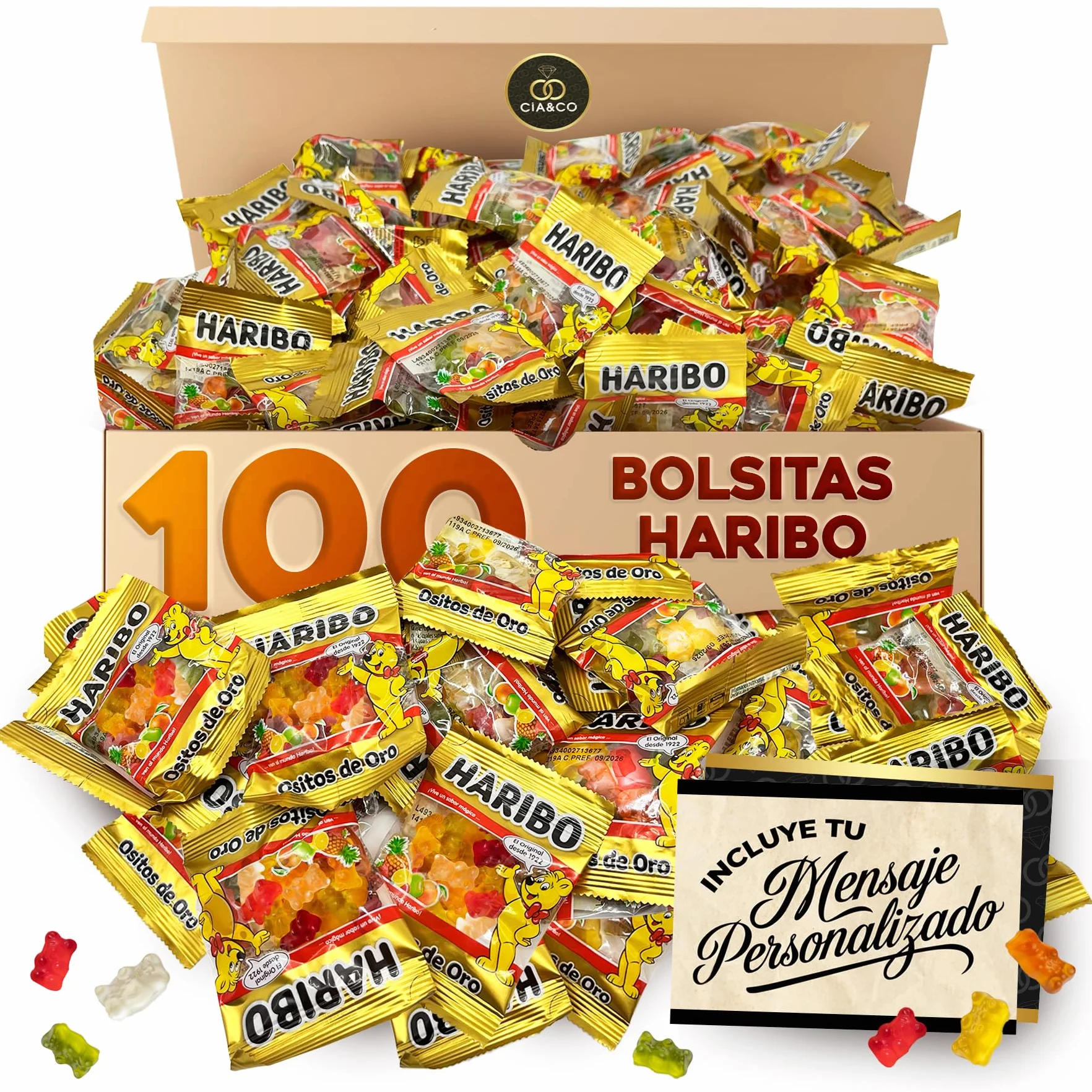 100 Mini Sachets HARIBO Ours d’Or (1 Kg) · Packs Individuels de 10 g · Avec Carte Personnalisable Cia&Co · Idéal pour Anniversaires, Halloween, Fêtes d’Enfants et Cadeaux d’Entreprise Originaux