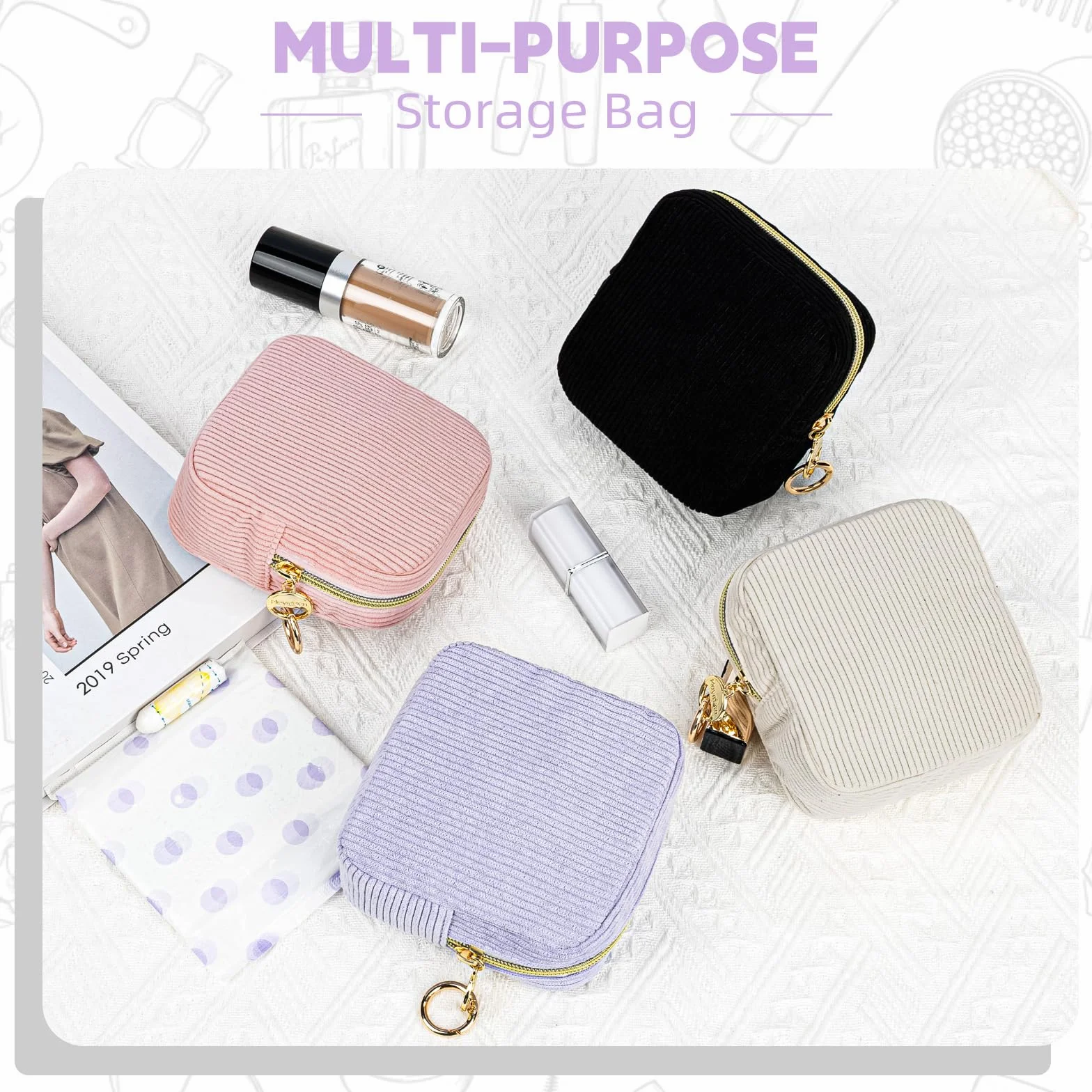 Pochette Rangement Serviettes Hygiéniques Tampons avec Fermeture Éclair Violet