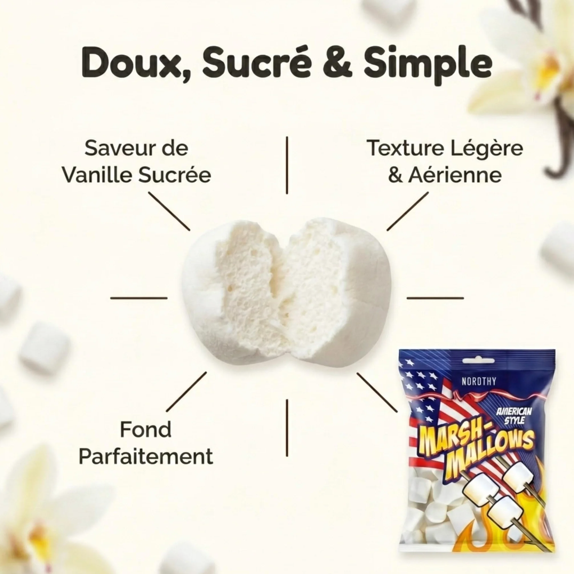 Nordthy Marshmallows American Style 300g – Guimauves Moelleuses à la Vanille – Chamallows pour S’mores, Chocolat Chaud, Desserts, Gâteaux et Buffets Sucrés