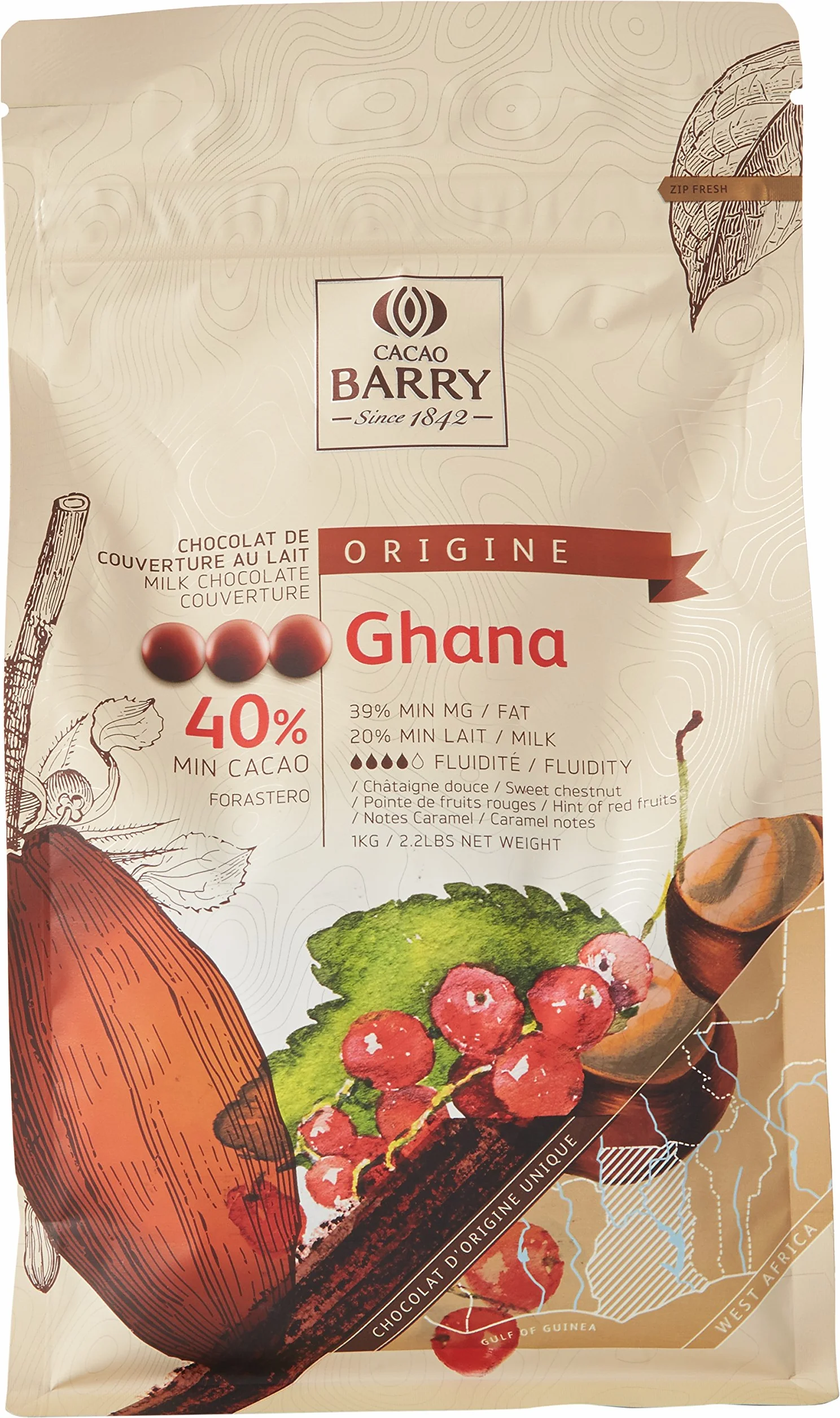 CACAO BARRY 40% Min Cacao Chocolat Ghana Pistoles 1 kg