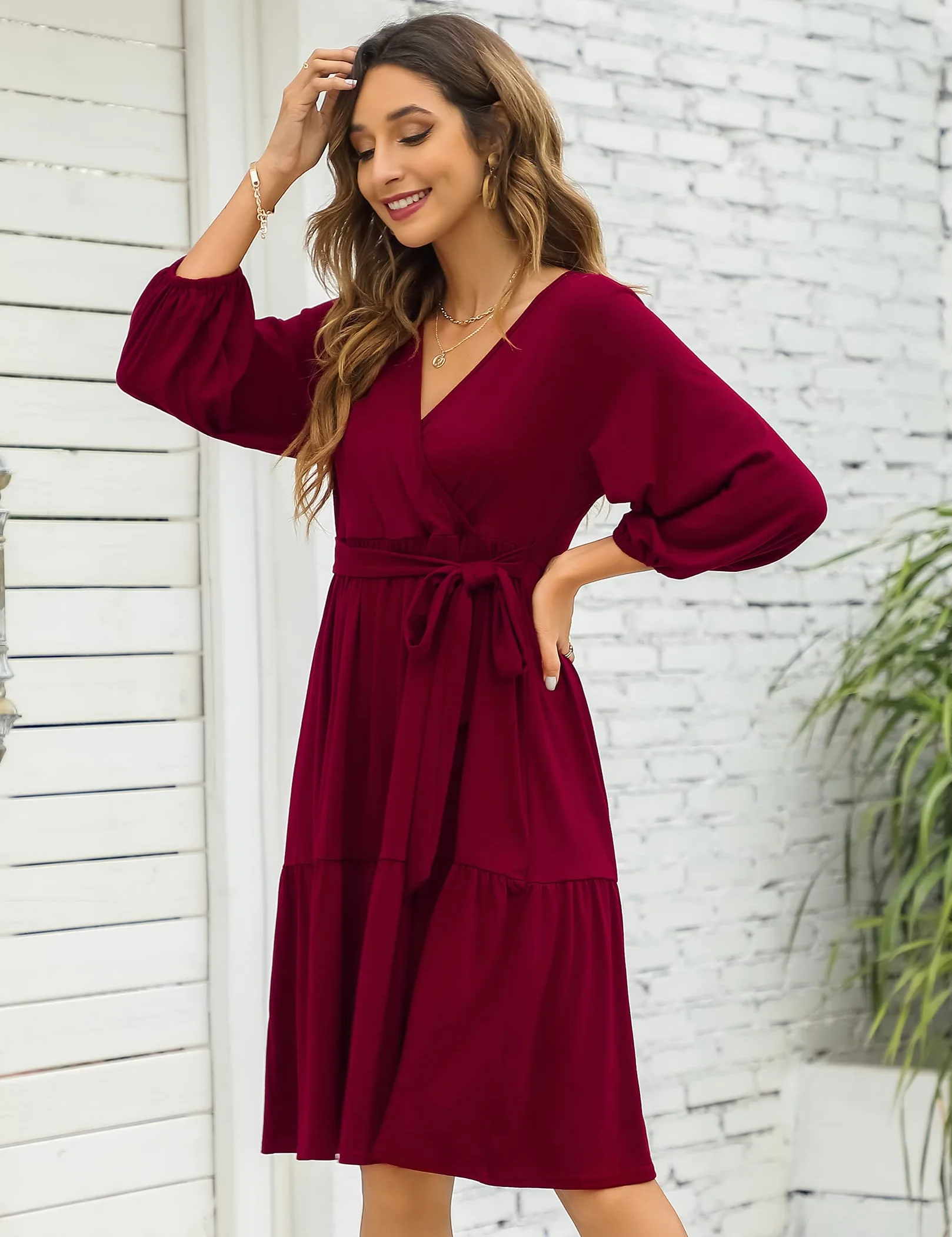 KOJOOIN Robe de maternité Femme Col en V Manches 3/4 Allaitement Volants Ceinture